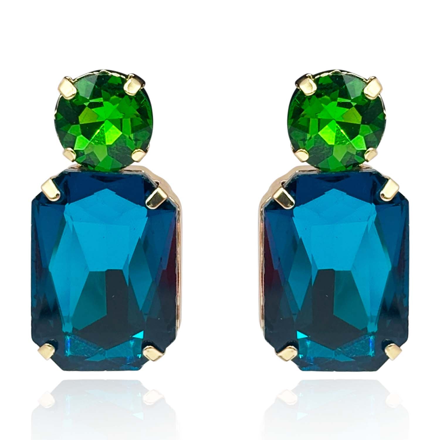 Peacock Blue Crystal Ocatgon and Green Tourmaline Round Stone Drop Earrings