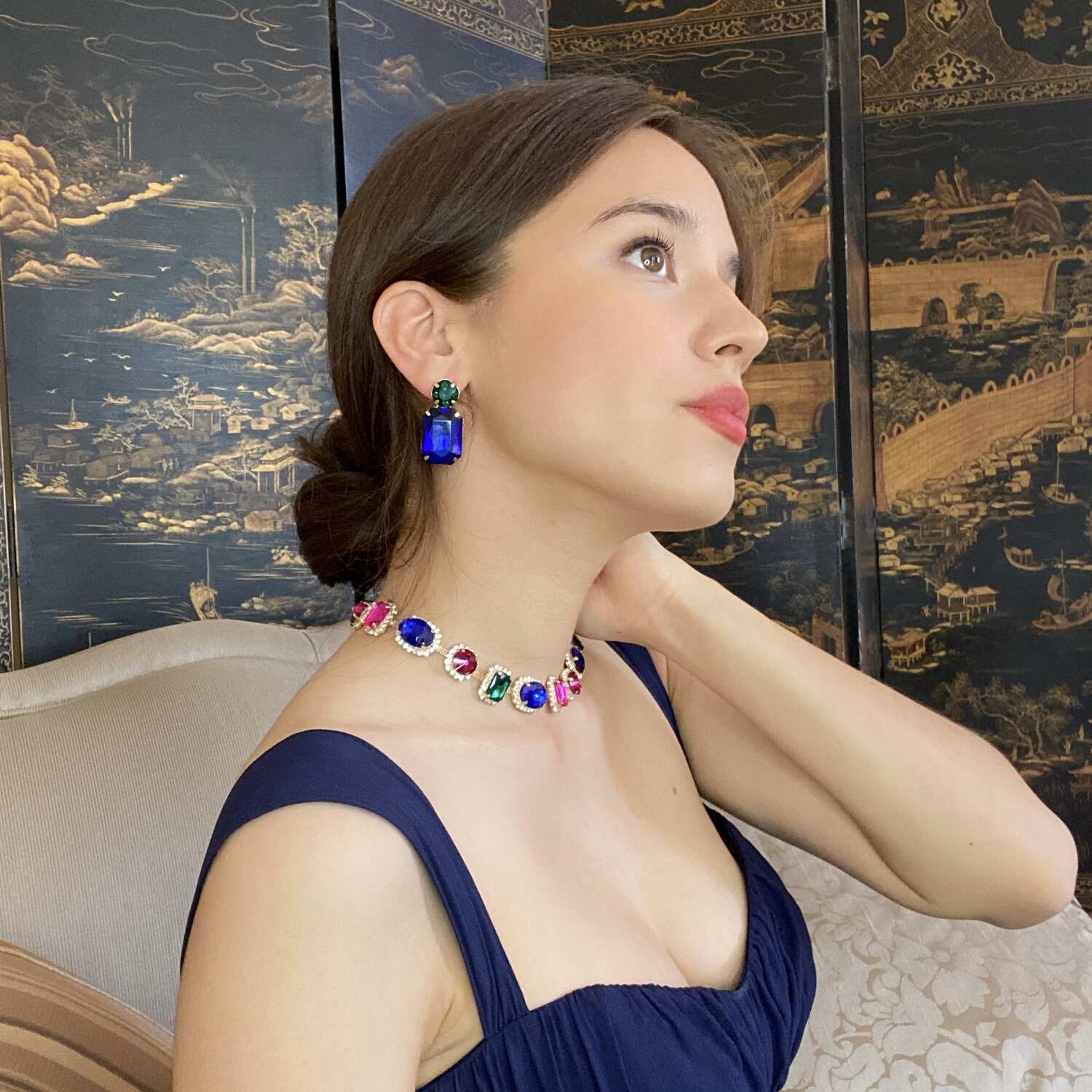 Dark Sapphire Crystal Ocatgon and Emerald Round Stone Drop Earrings