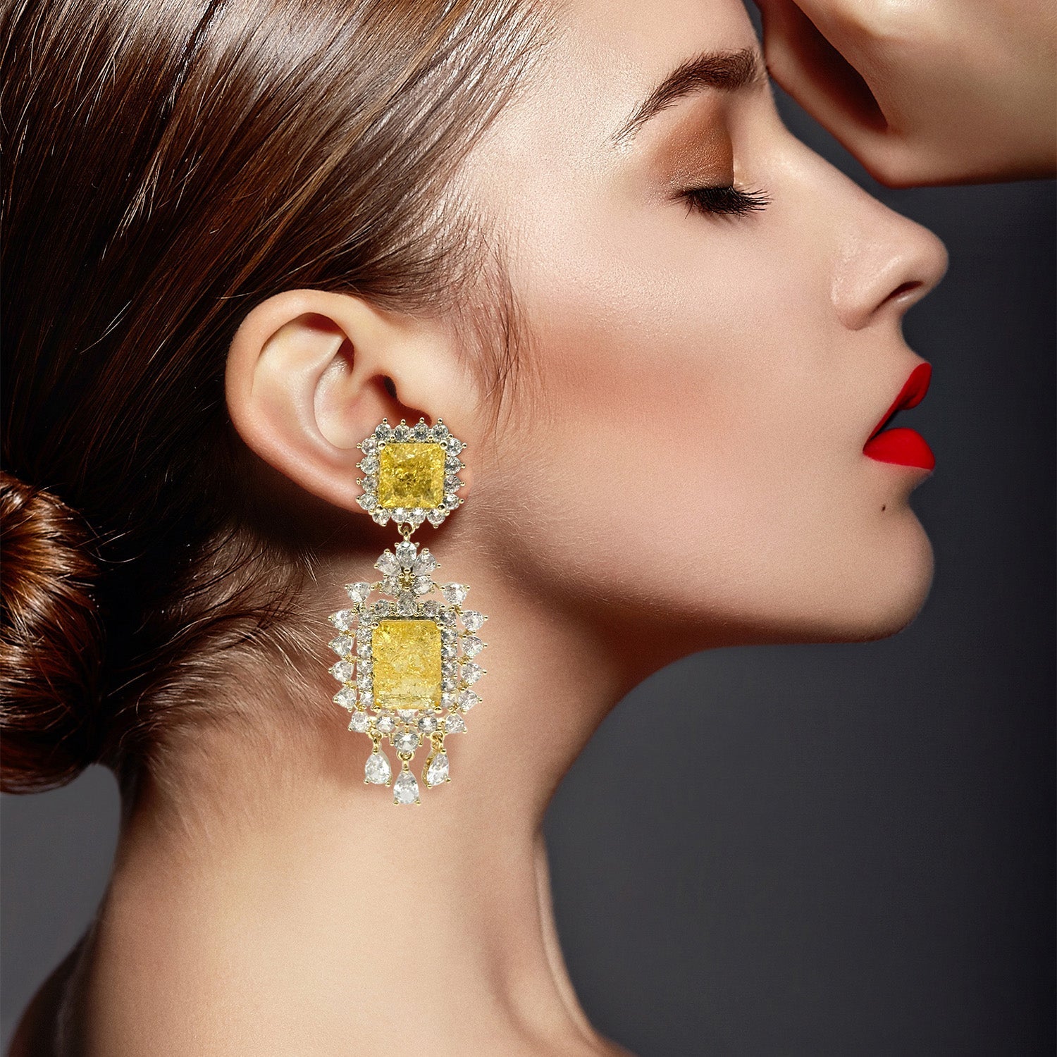 Canary and Crystal Clip on Drop Earrings in Gold Plated Brass Setting