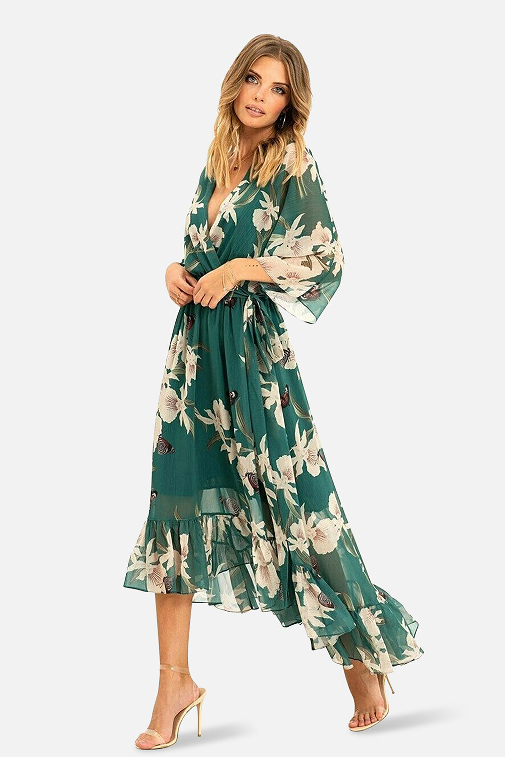 Green Floral Kimono Sleeves Dip Hem Wrap Midi Dress