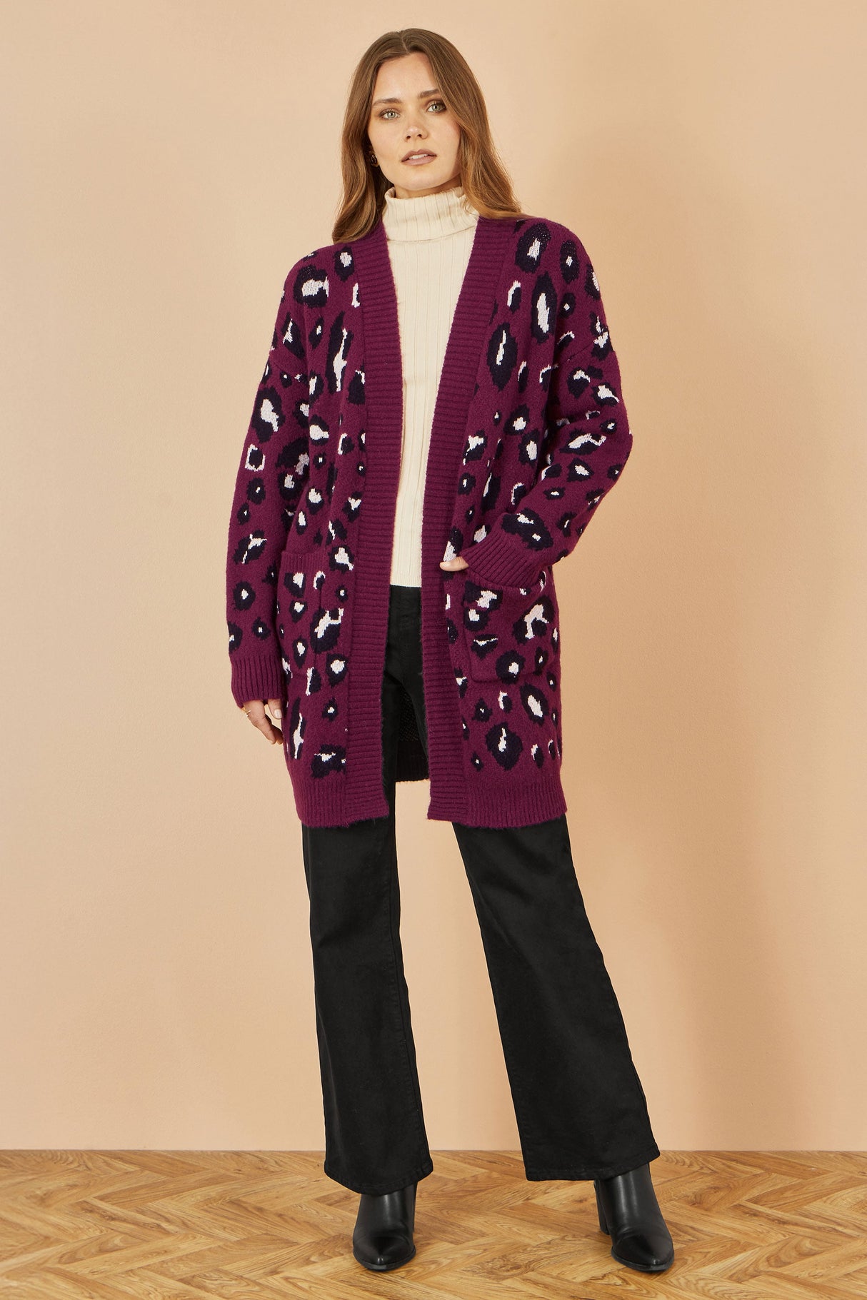 Yumi Burgundy Animal Intarsia Long Cardigan