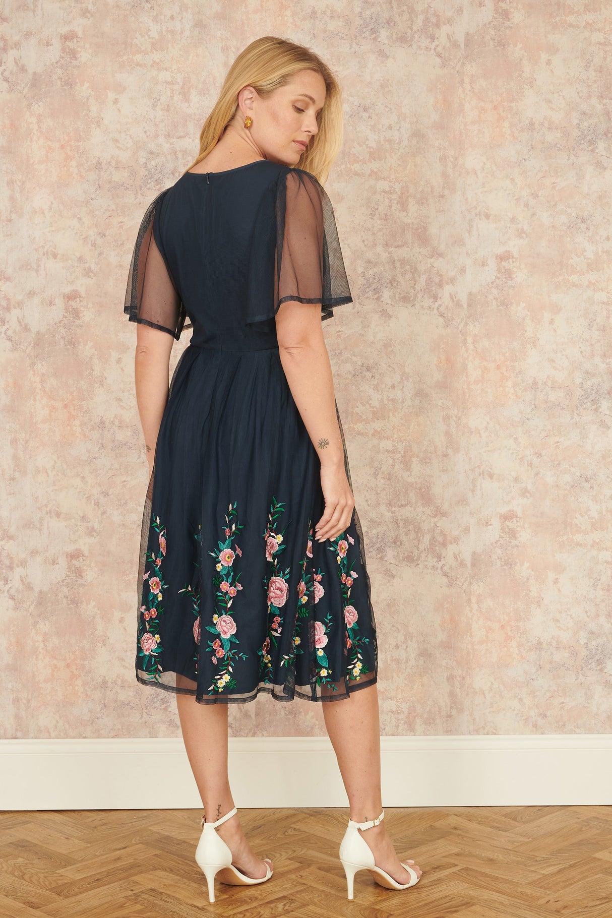 Yumi Navy Embroidered Sleeve Prom Skater Dress