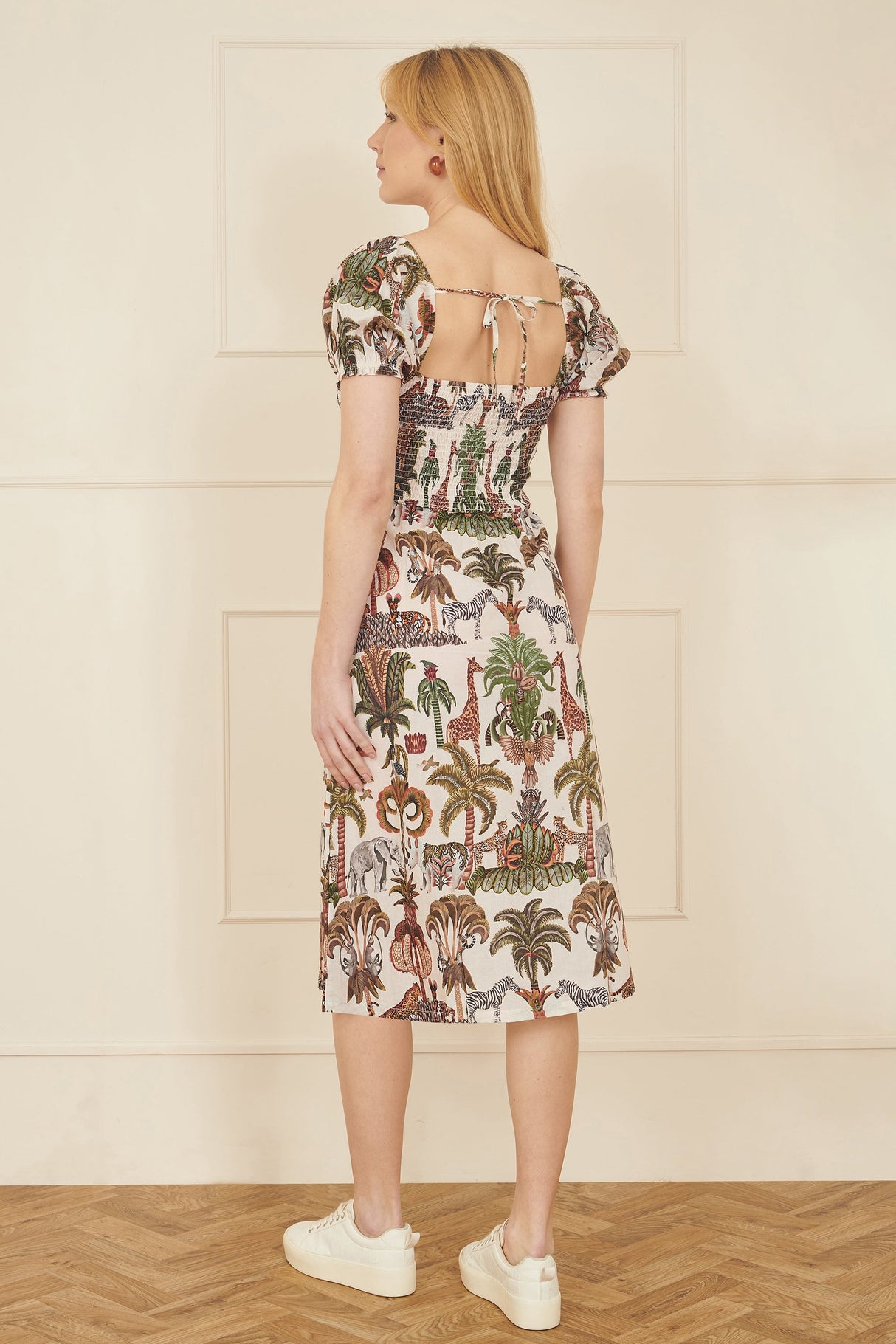 Yumi White Cotton Safari Print Ruched Midi Dress