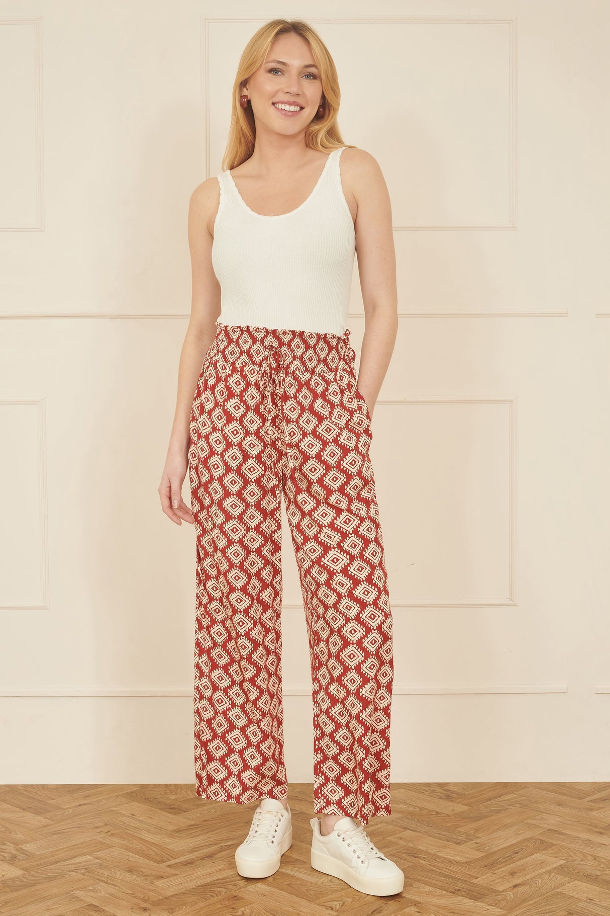 Yumi Red Geo Print Relaxed Fit Trousers