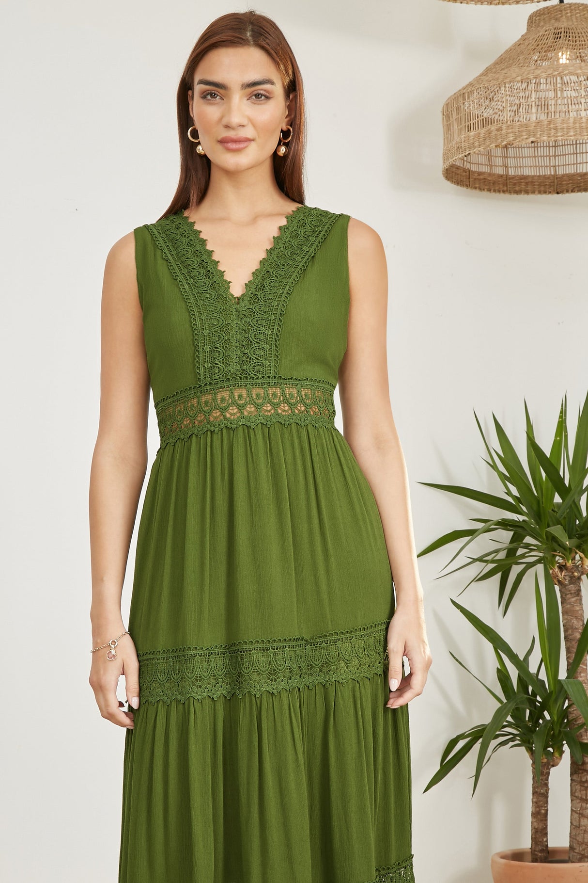 Yumi Green Lace Trim Cotton Midi Sun Dress