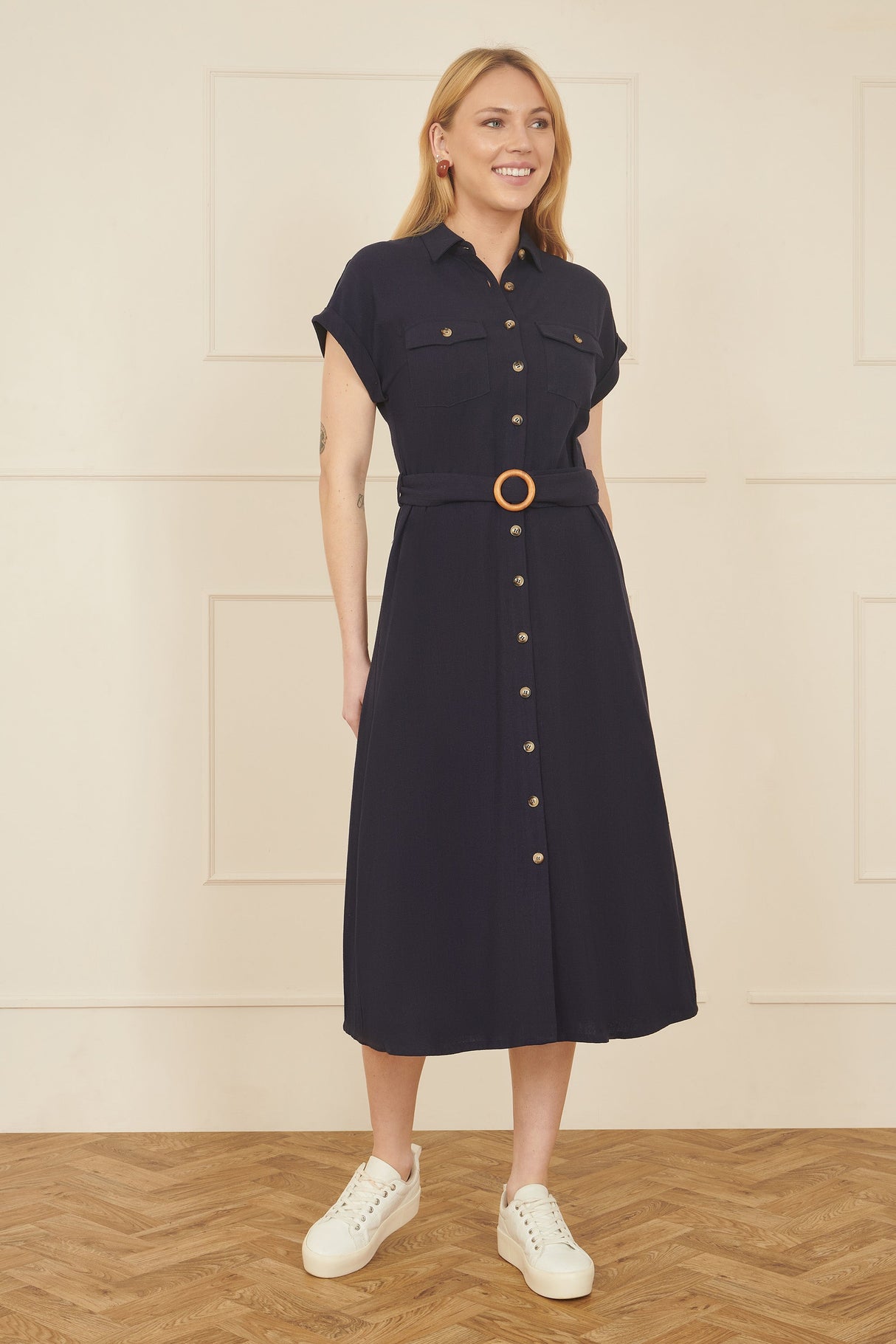 Yumi Navy Viscose Linen Look Midi Shirt Dress With Wooden Belt