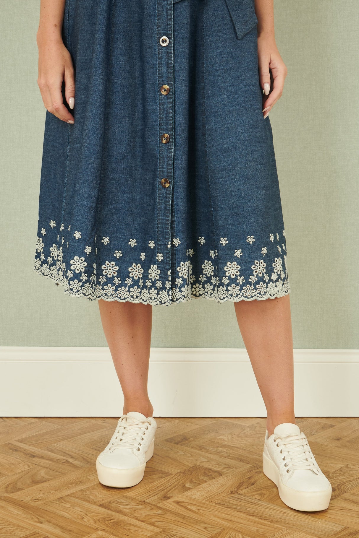 Yumi Blue Chambray Cotton Midi Embroidered Shirt Dress