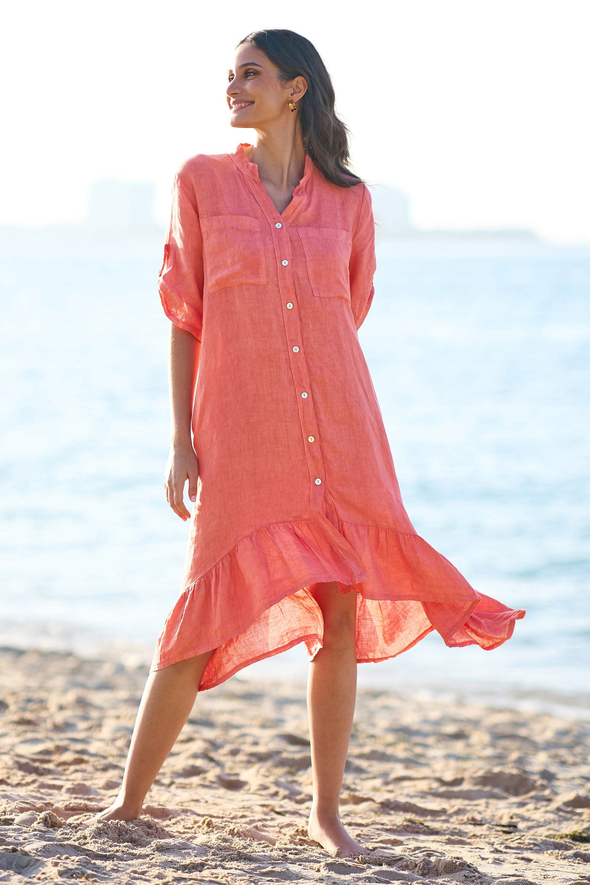 Yumi Coral Italian Linen Shirt Dress With Frill Hem