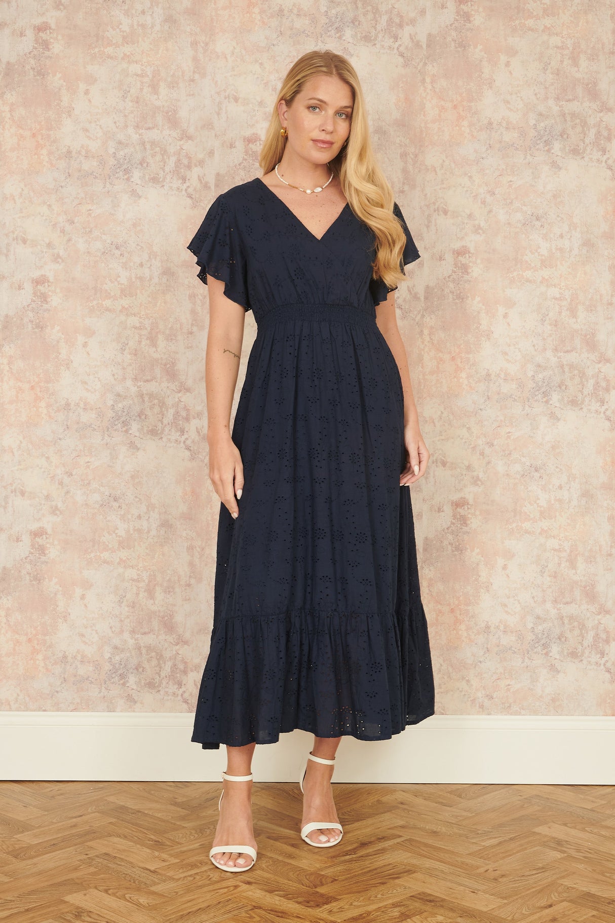 Yumi Navy Cotton Broderie Anglaise Wrap Midi Dress