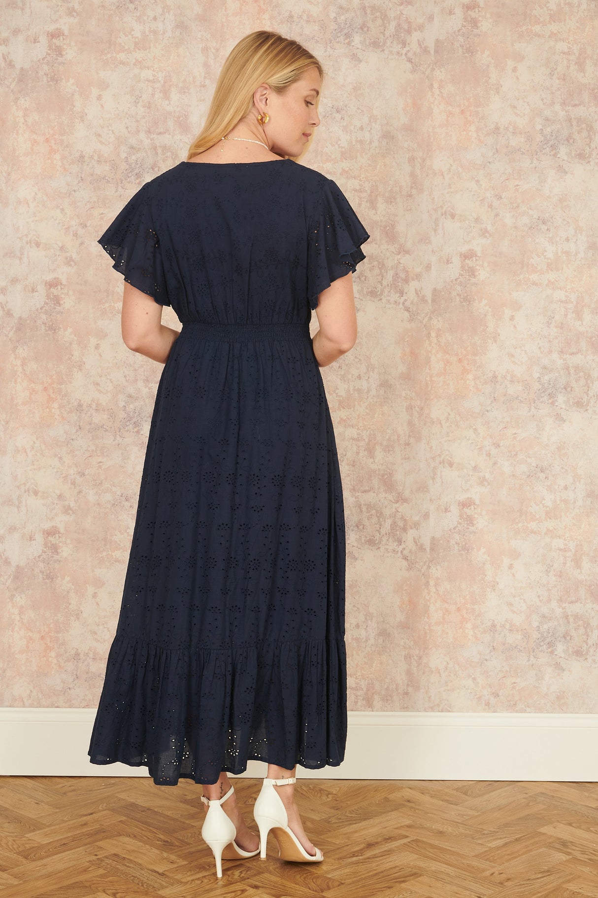 Yumi Navy Cotton Broderie Anglaise Wrap Midi Dress