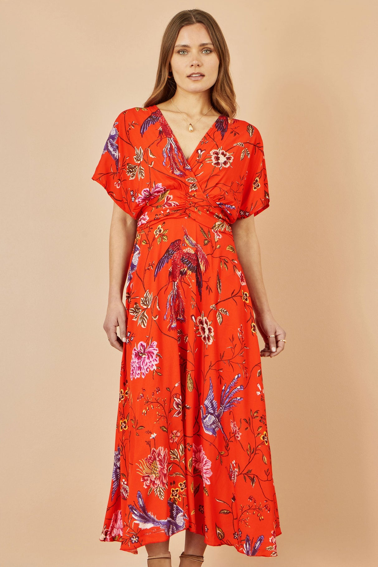 Yumi Orange Viscose Bird and Floral Print Kimono Midi Dress