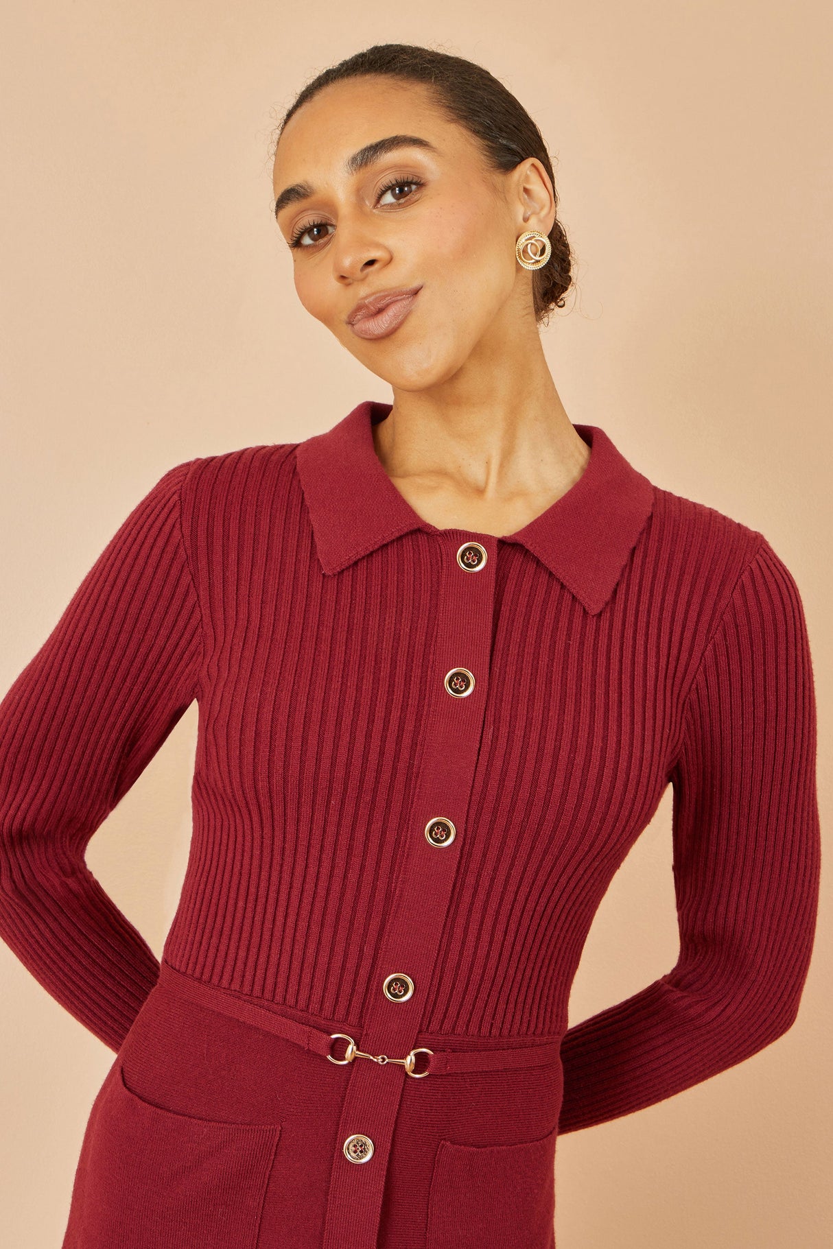 Yumi Burgundy Rib Knit Midi Shirt Dress With Snaffle Belt