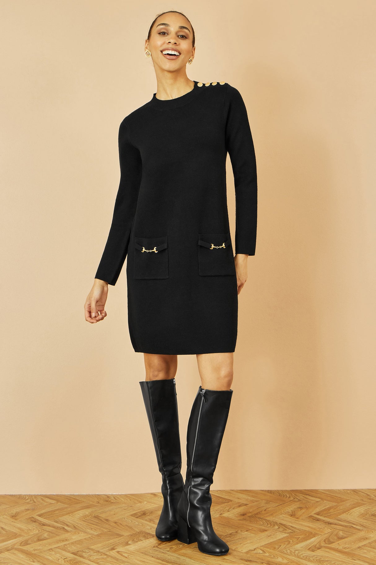 Yumi Black Knitted Tunic Dress With Gold Hardware Details