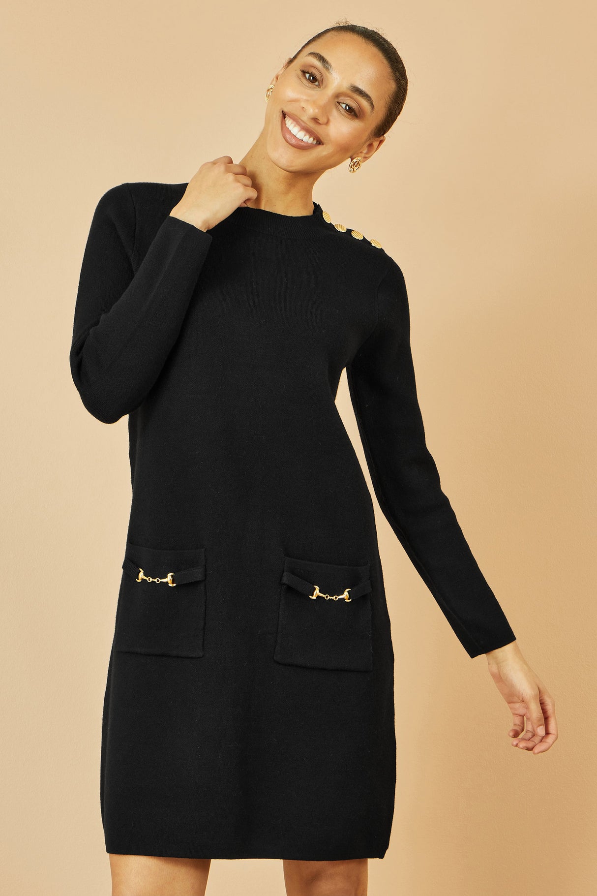 Yumi Black Knitted Tunic Dress With Gold Hardware Details