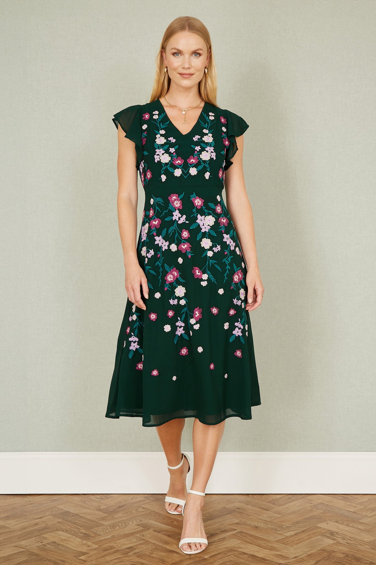 Yumi Green All Over Floral Embroidery Midi Skater Dress