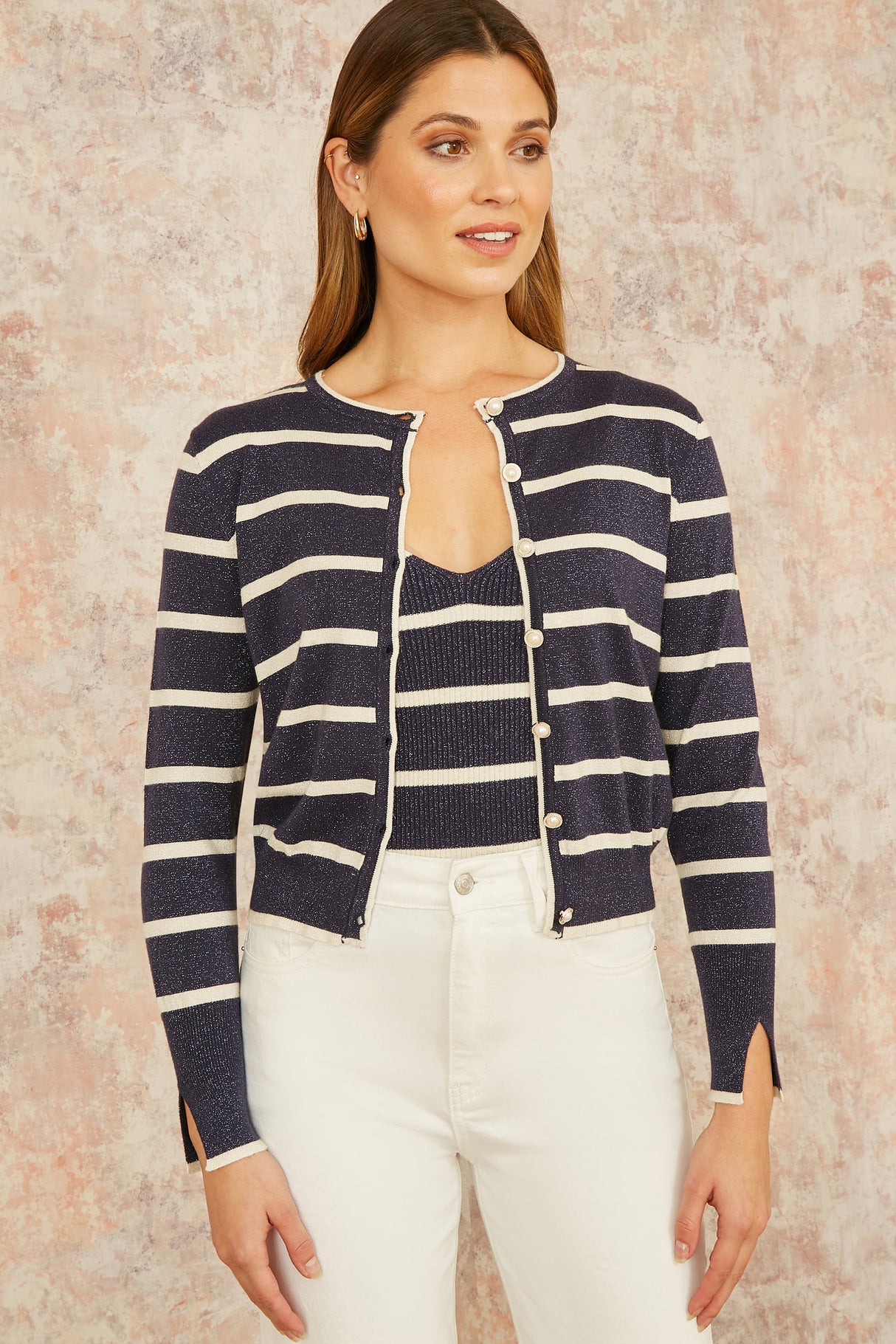 Yumi Navy Striped Sparkle Knitted Cardigan