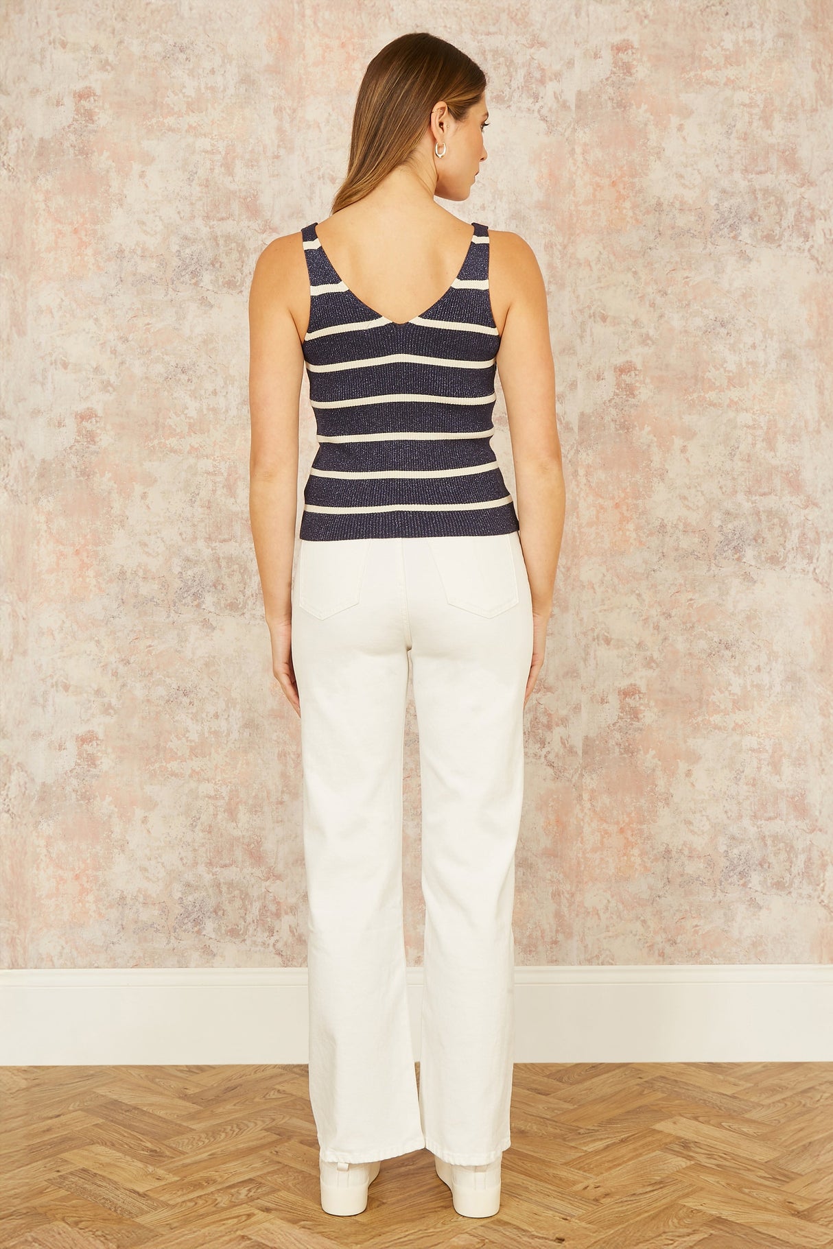 Yumi Navy Striped Sparkle Knitted Vest Top