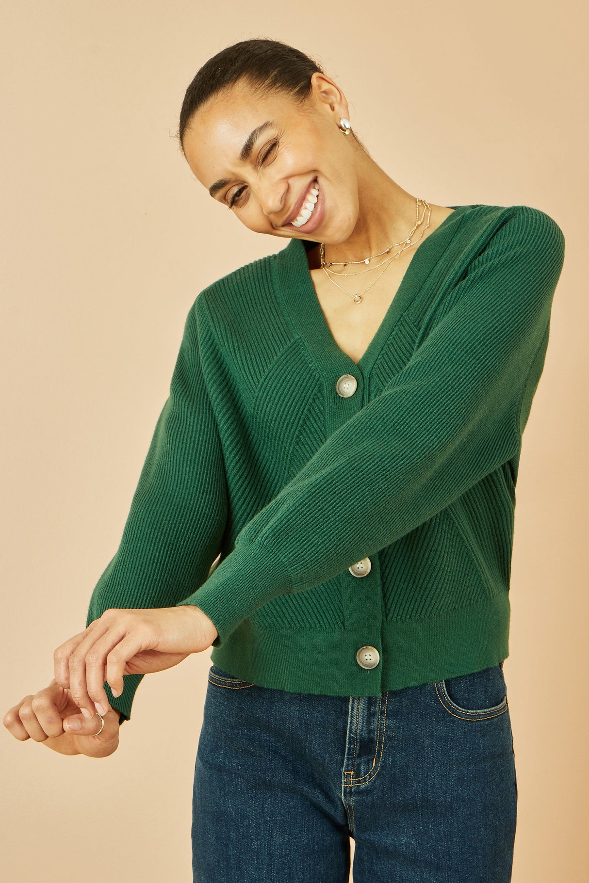 Yumi Green Relaxed Fit Cardigan With Stitch Detail