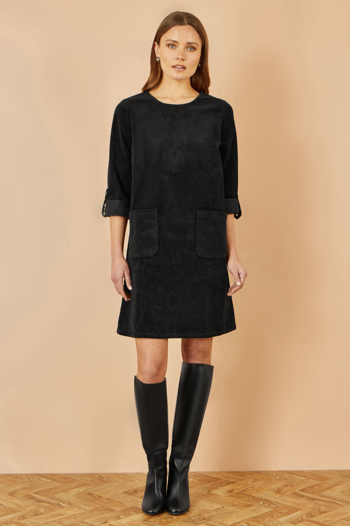 Yumi Black Cord Tunic Dress With 3/4 Sleeves And Pockets