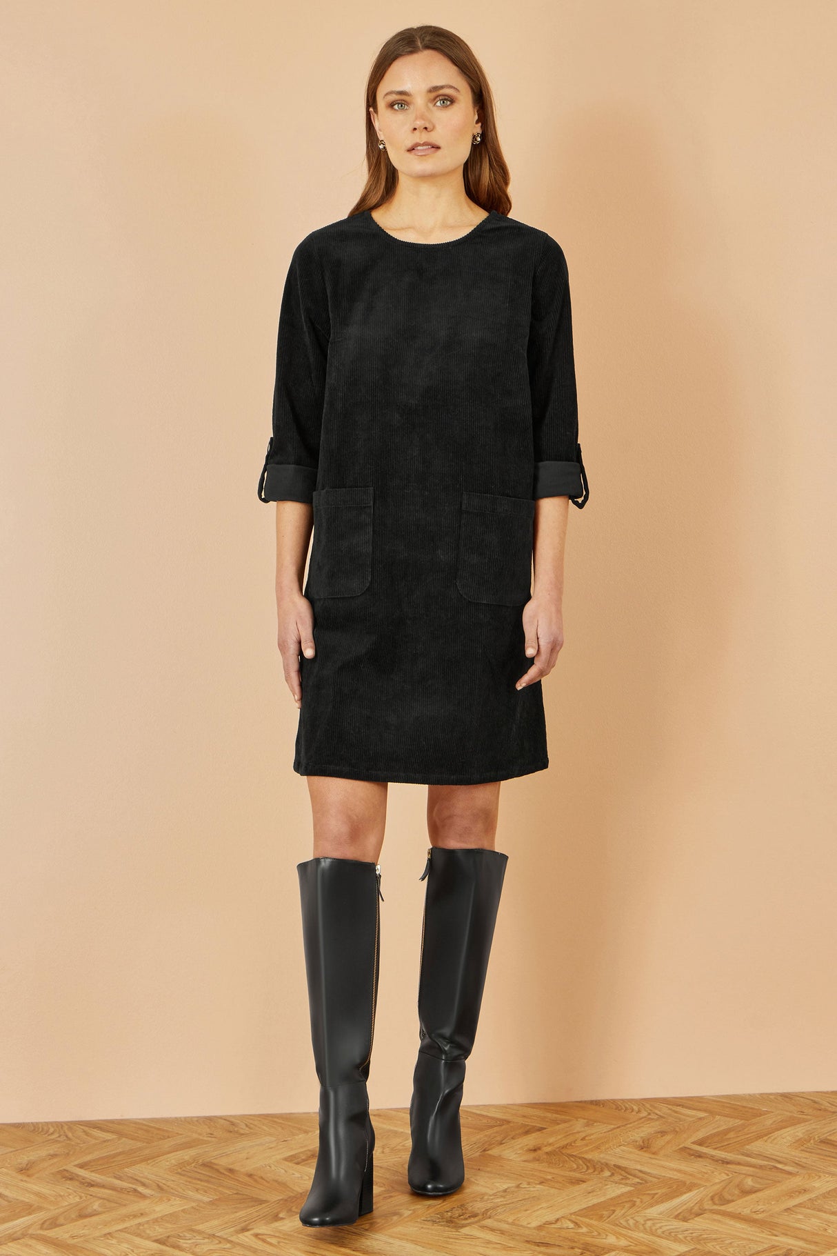 Yumi Black Cord Tunic Dress With 3/4 Sleeves And Pockets
