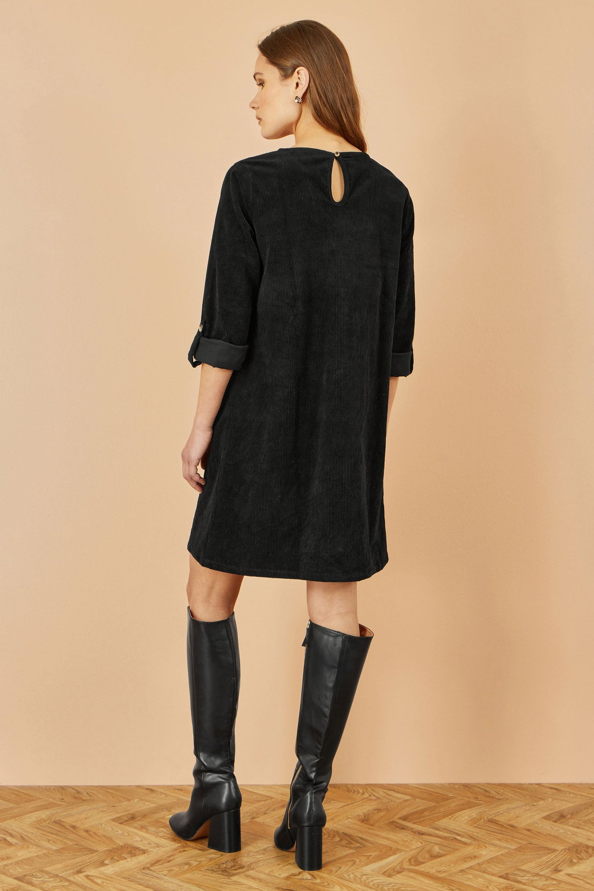 Yumi Black Cord Tunic Dress With 3/4 Sleeves And Pockets