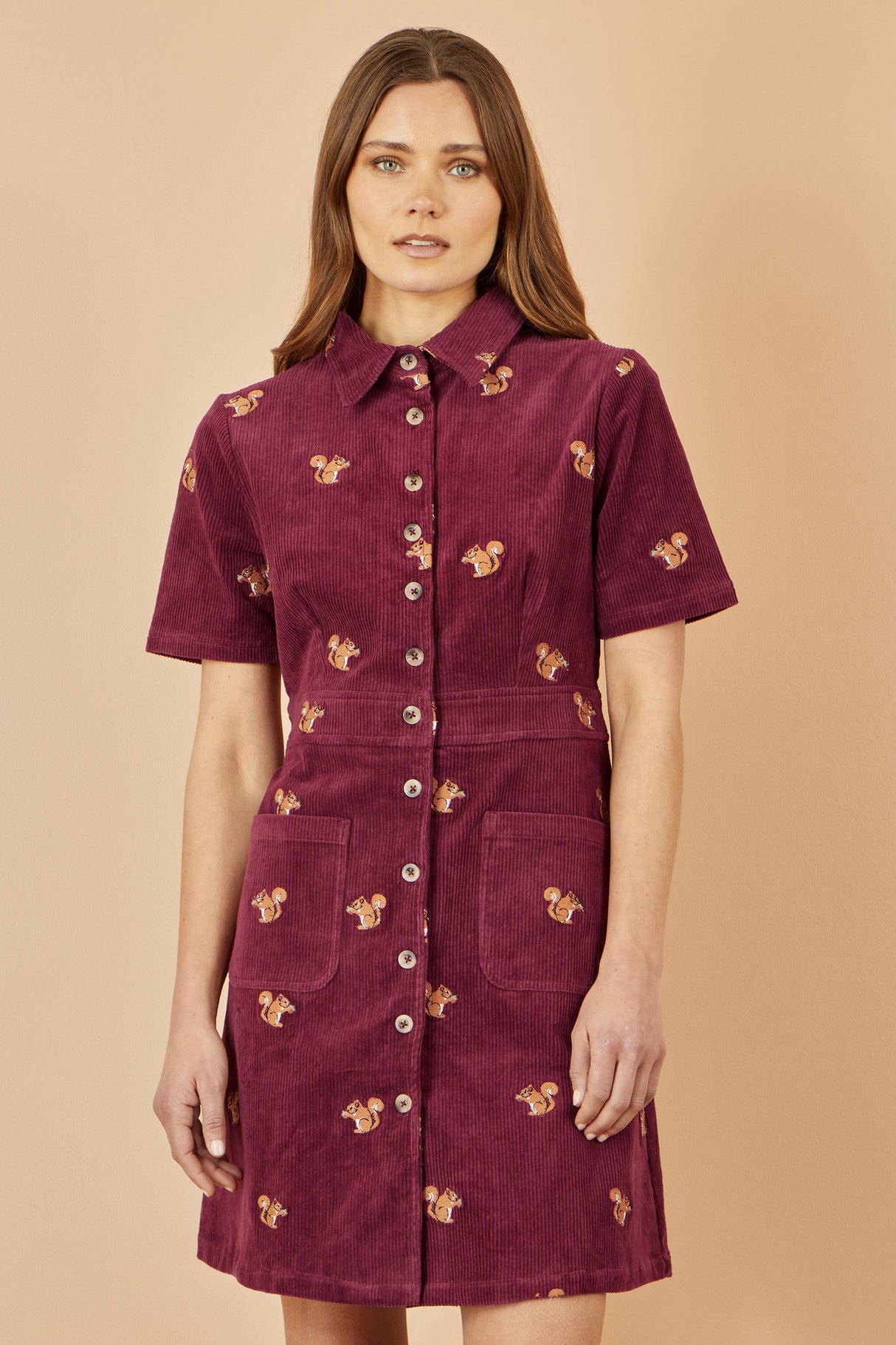 Yumi Burgundy Cord Shirt Dress With All Over Squirrel Embroidery