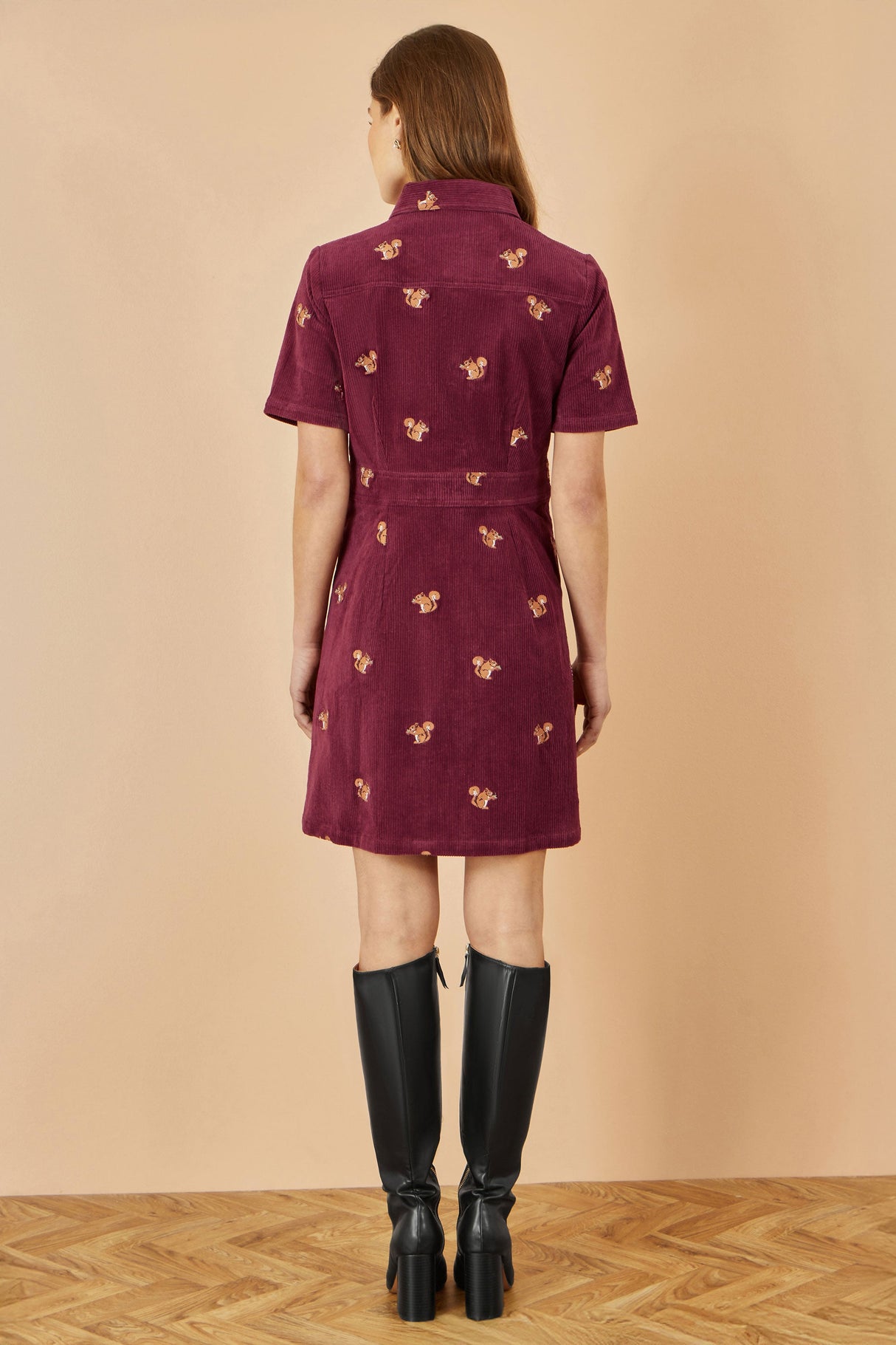 Yumi Burgundy Cord Shirt Dress With All Over Squirrel Embroidery