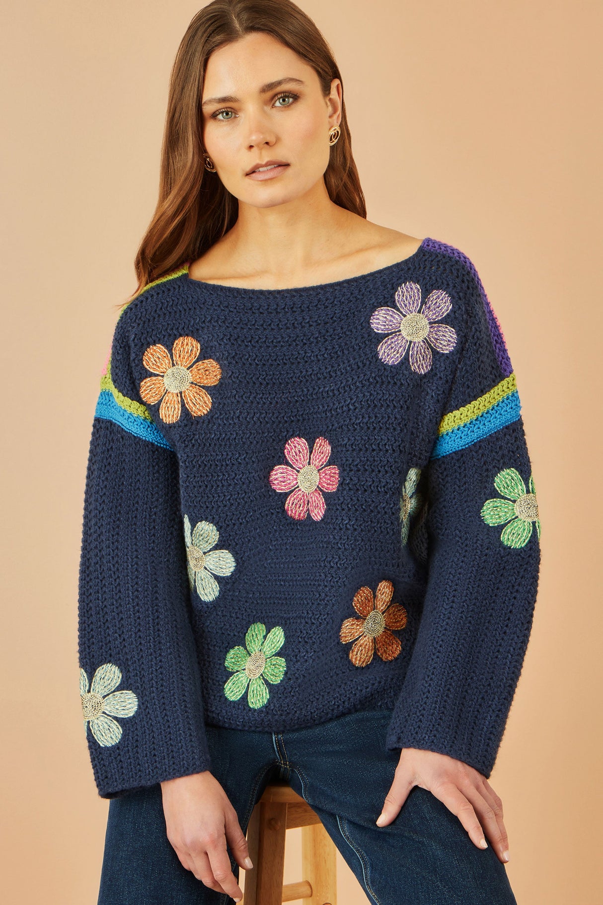 Yumi Navy Crochet Flower Jumper