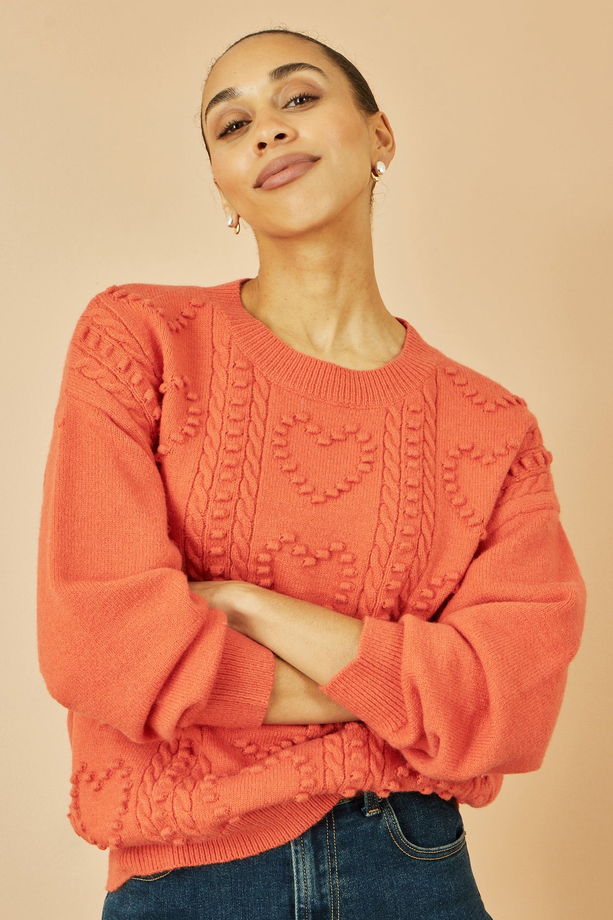 Yumi Orange Heart Knit Relaxed Jumper