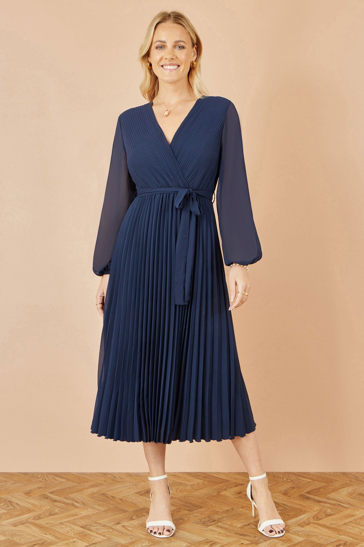 Yumi Navy Pleated Wrap Midi Dress With Sheer Long Sleeves