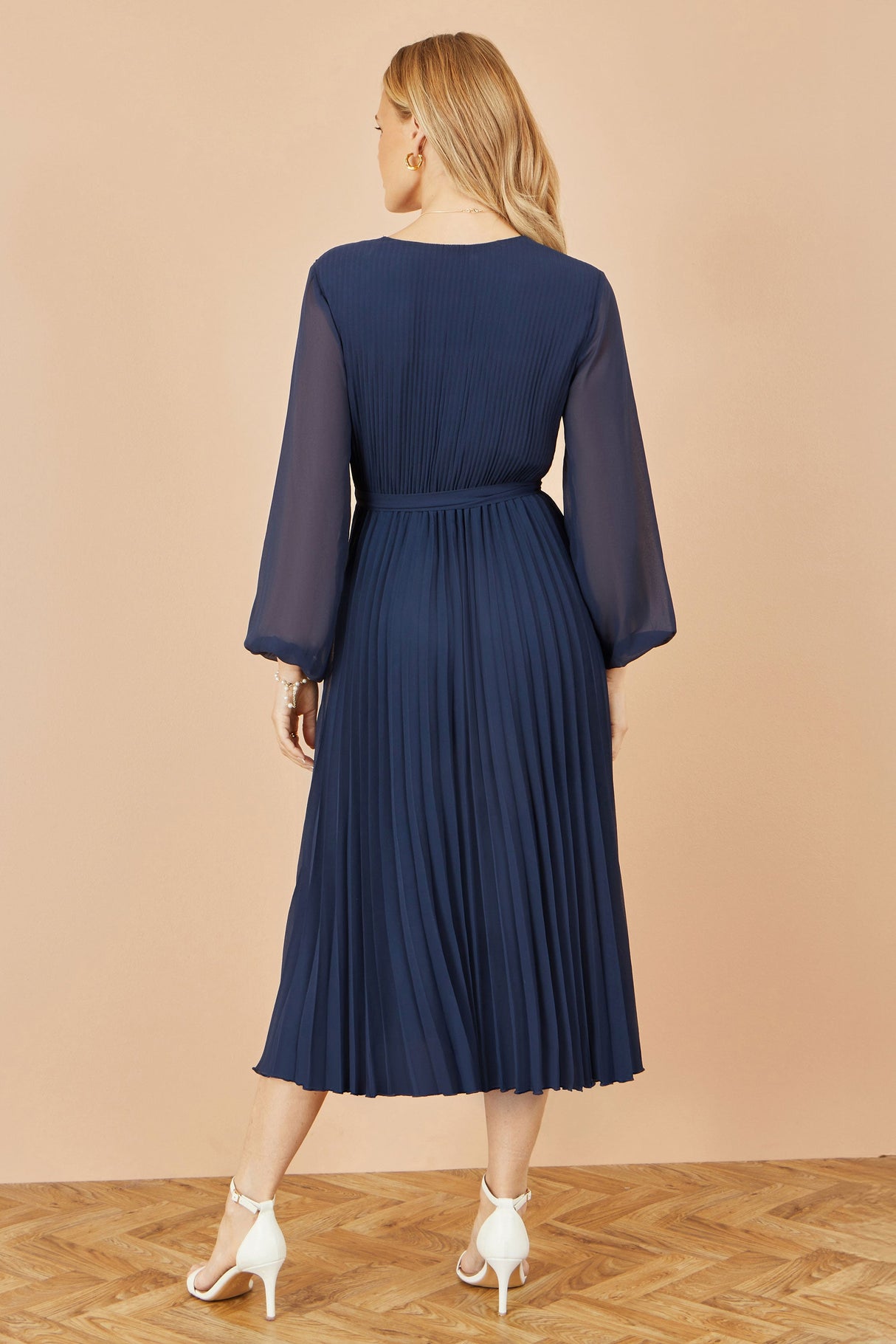 Yumi Navy Pleated Wrap Midi Dress With Sheer Long Sleeves