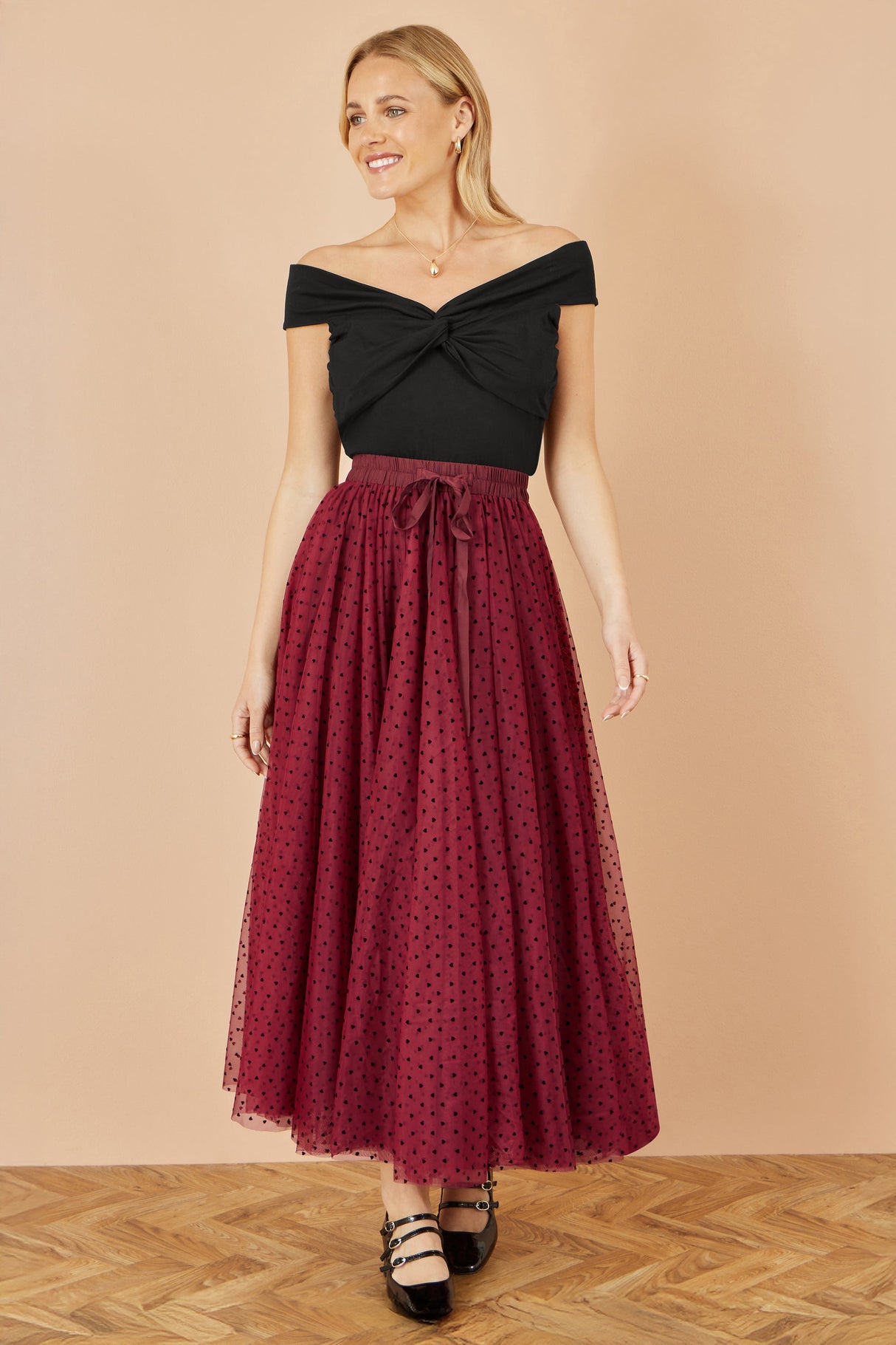 Yumi Burgundy Mesh Heart Print Tulle Skirt