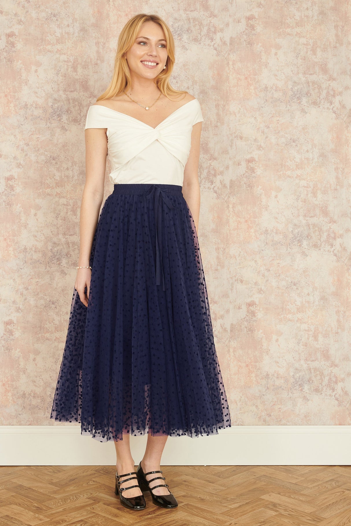 Yumi Navy Mesh Heart Print Tulle Skirt