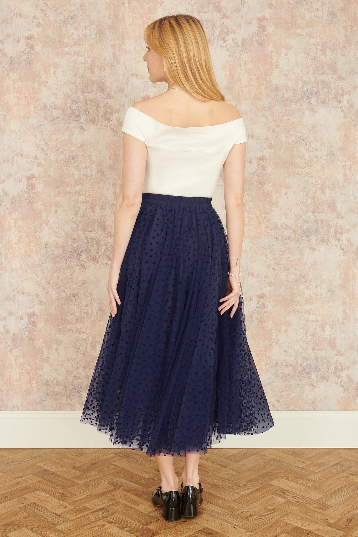 Yumi Navy Mesh Heart Print Tulle Skirt