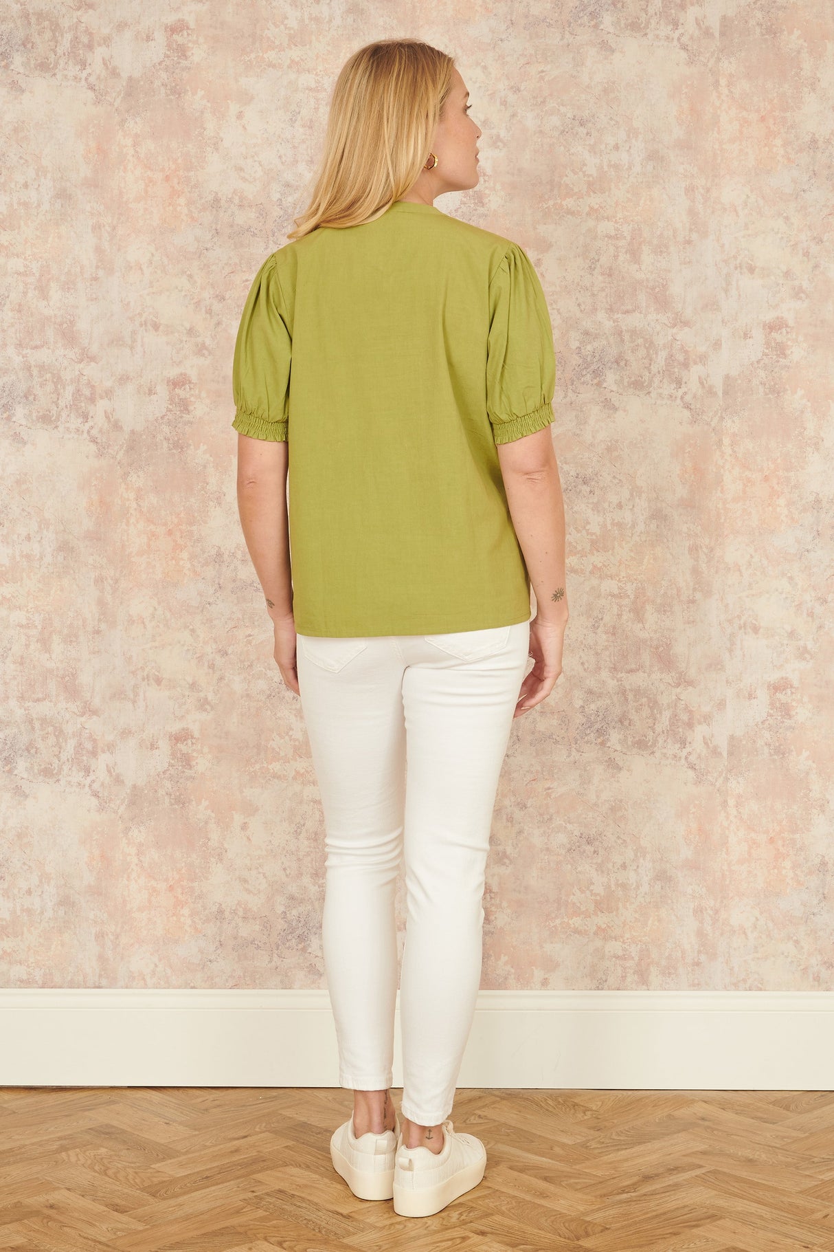 Yumi Green Cotton Pleated short Sleeve Shirt