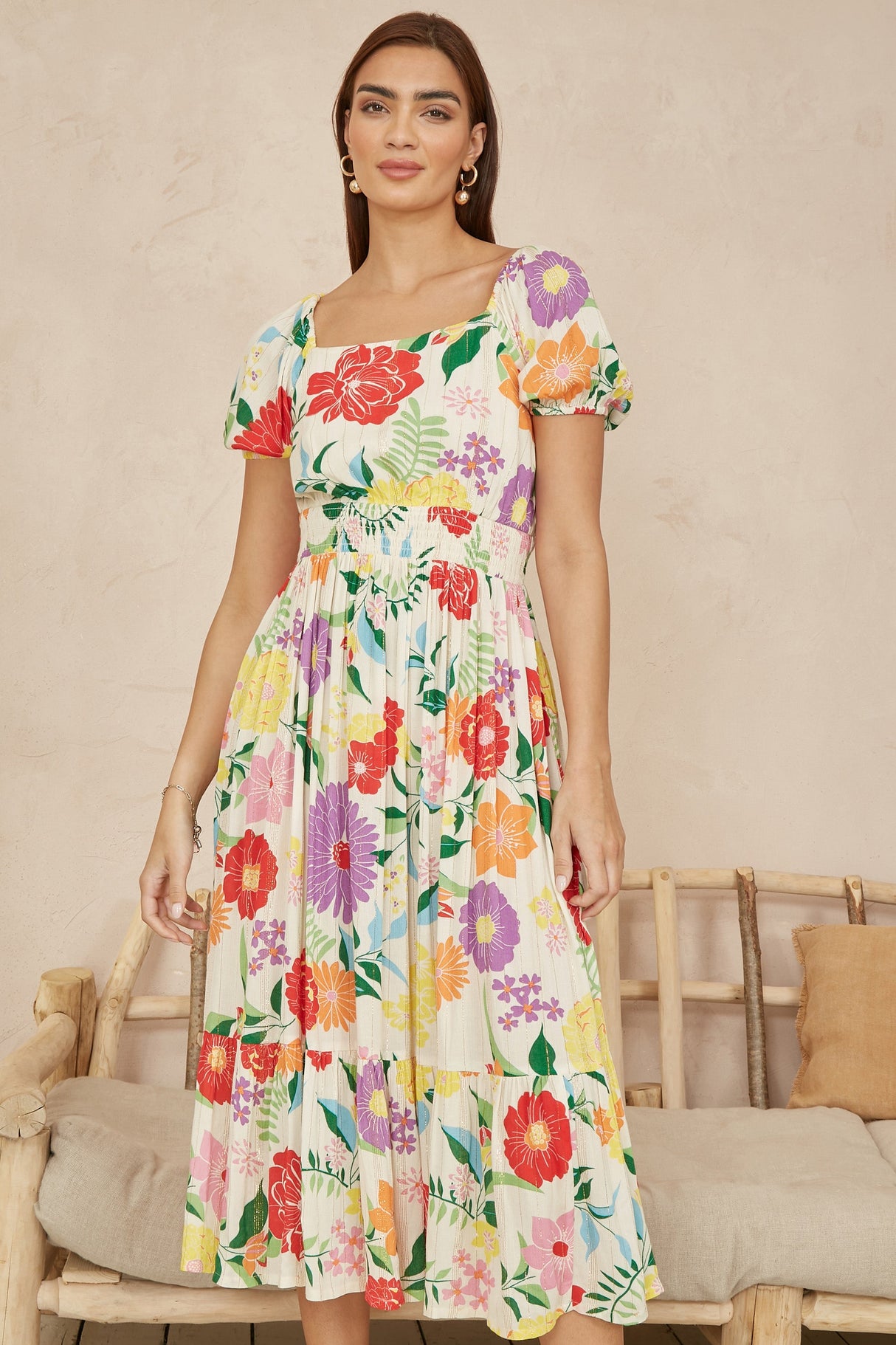 Yumi White Big Floral Midi Dress