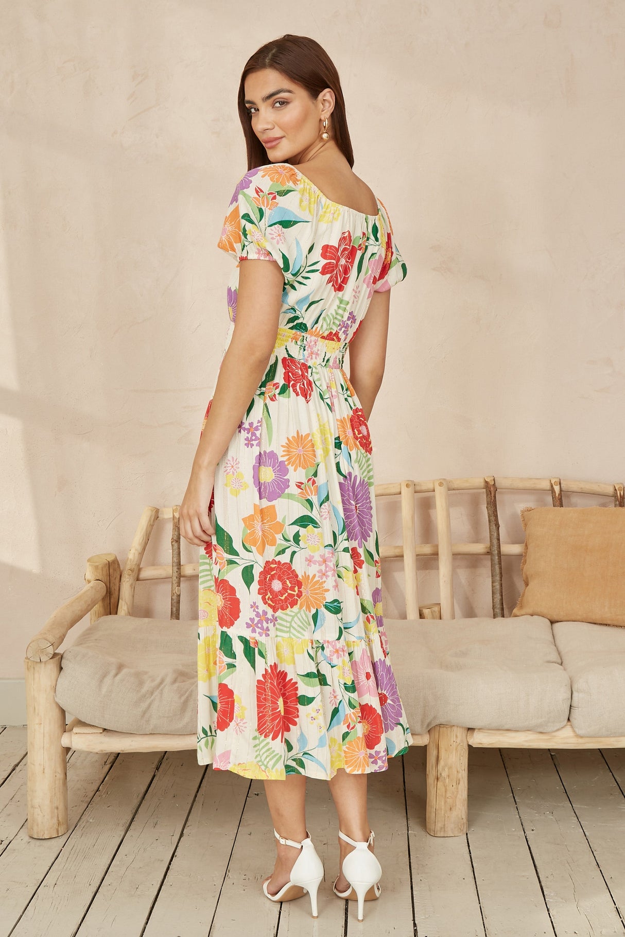 Yumi White Big Floral Midi Dress