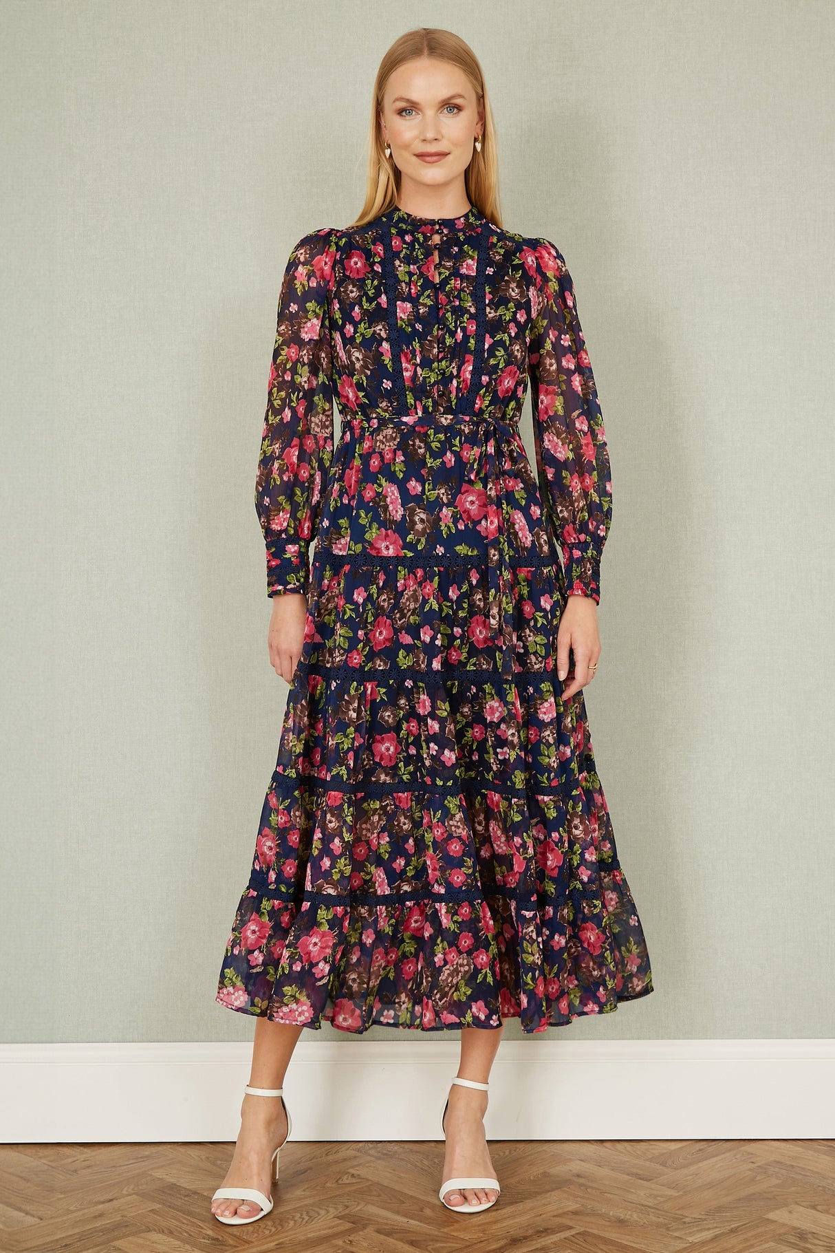 Yumi Navy Blossom Print Maxi Dress With Long Sleeves and Lace Trims