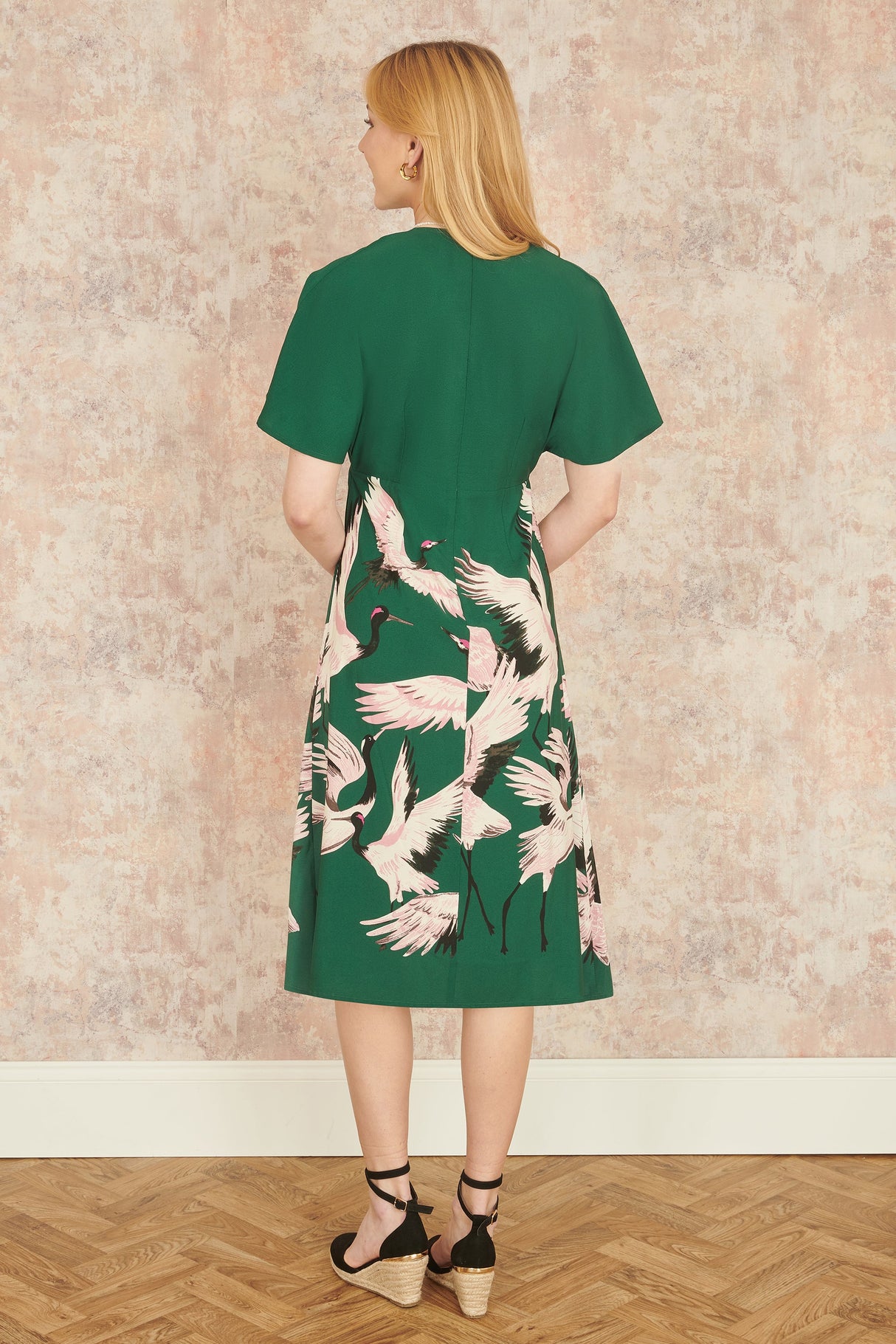 Yumi Green Recycled Fabric Crane Print Kimono Midi Dress