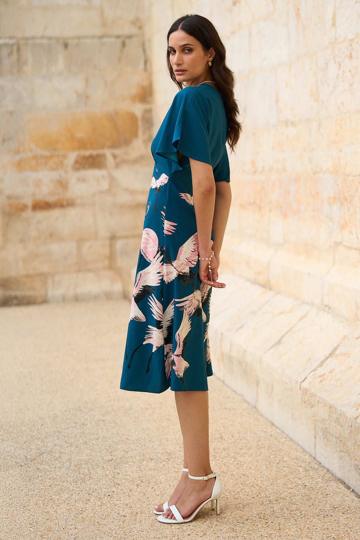 Yumi Teal Recycled Fabric Crane Print Kimono Midi Dress