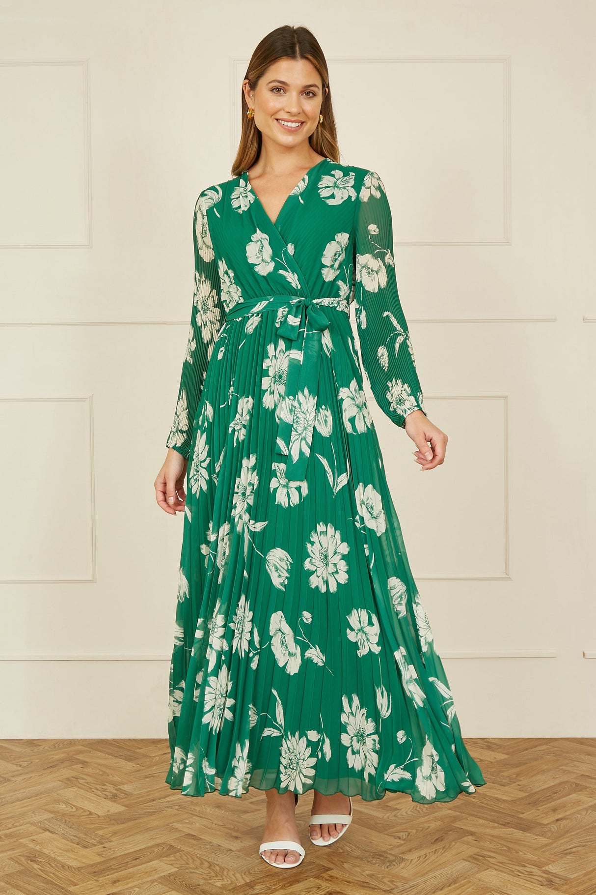 Yumi Green Floral Pleated Midi Wrap Long Sleeve Dress