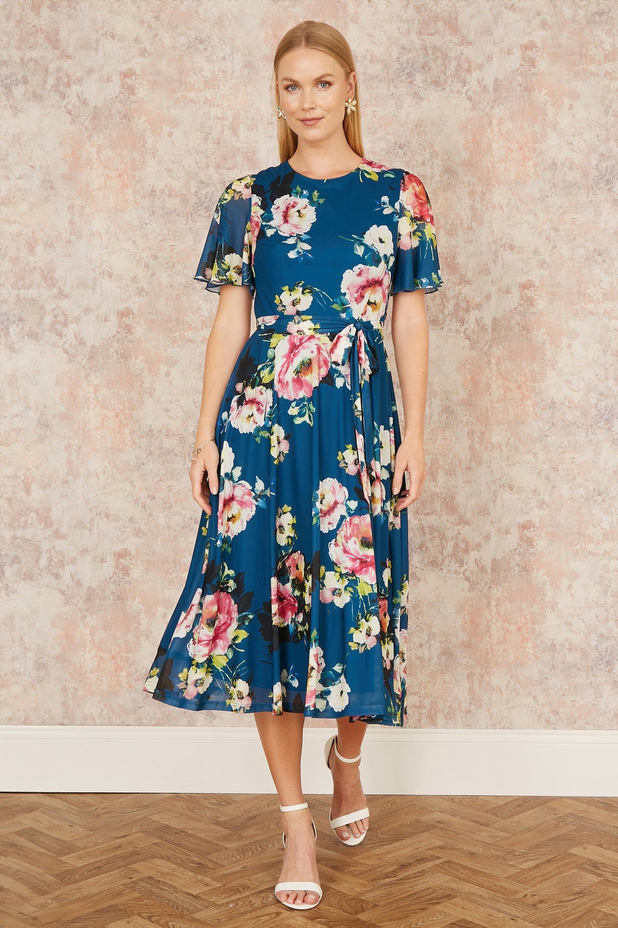 Yumi Green Mesh Floral Midi Dress With Angel Sleeves