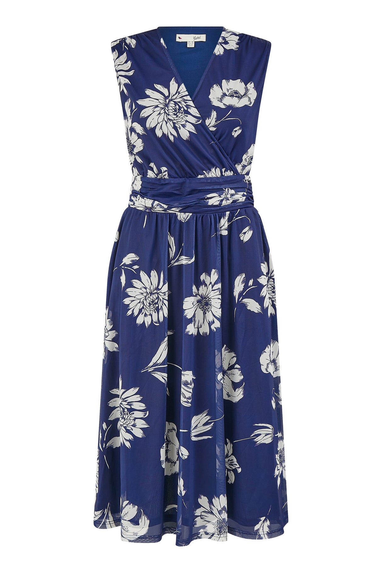 Yumi Navy Floral Print Stretch Mesh Dress With Pockets
