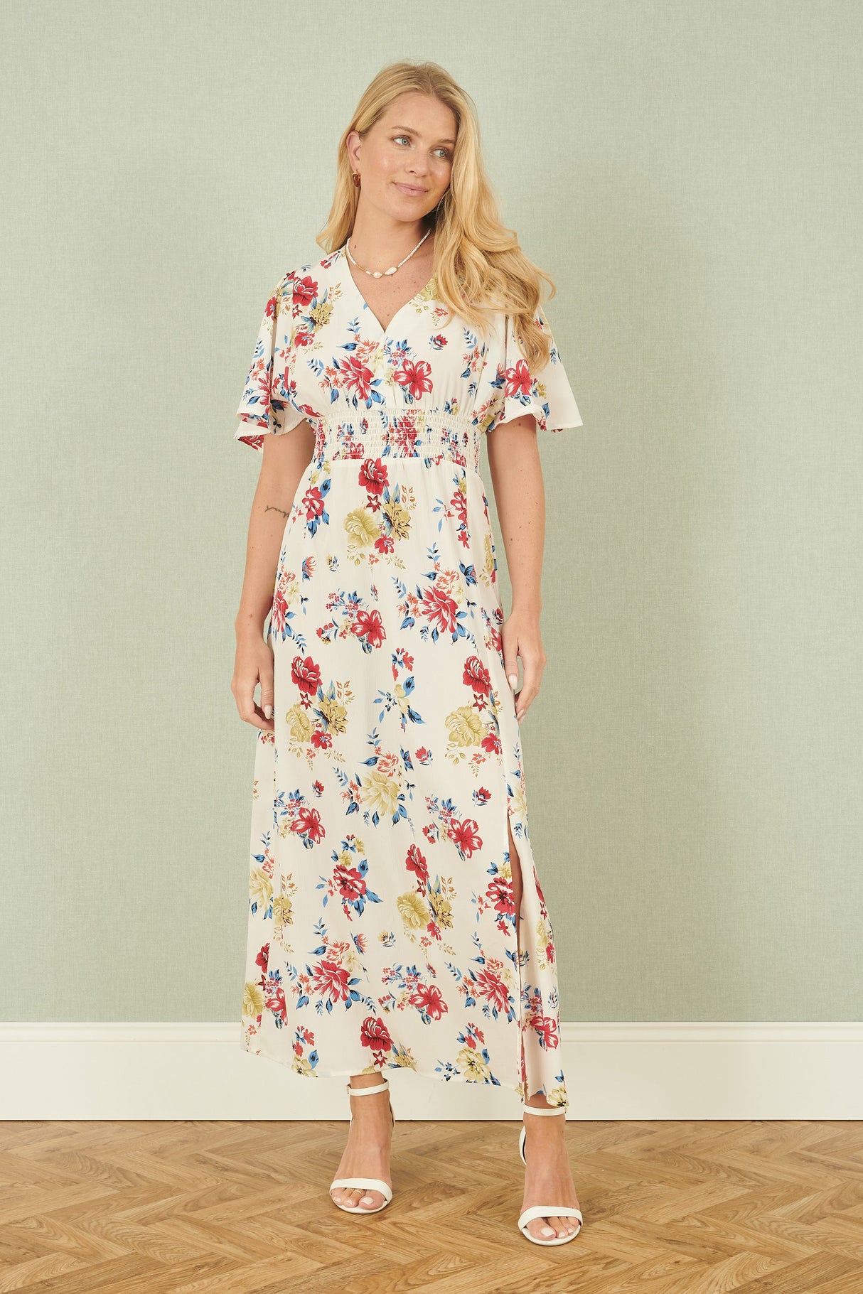Yumi White Floral Recycled Fabric Ruched Waist Midi Dress