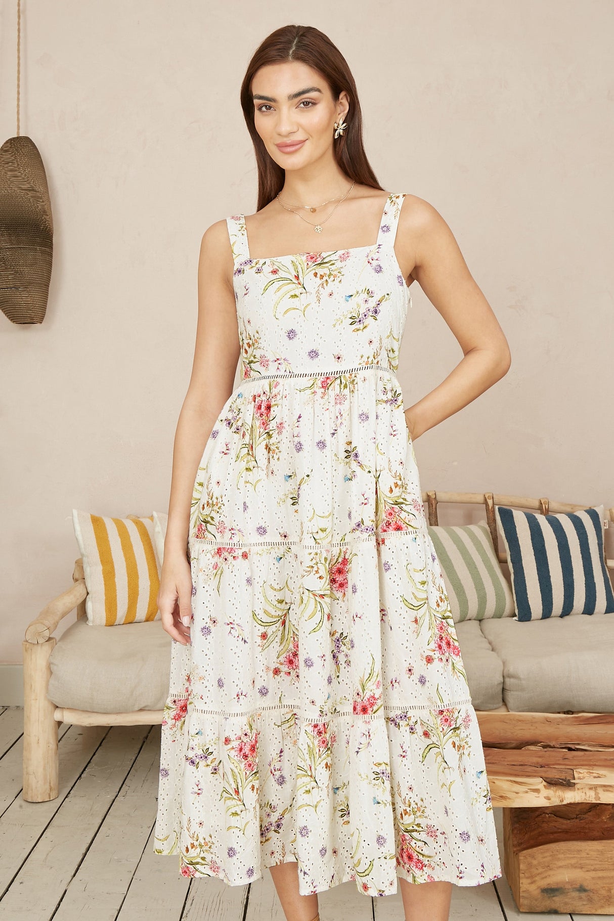 Yumi White Floral Broderie Anglaise Midi Sun Dress