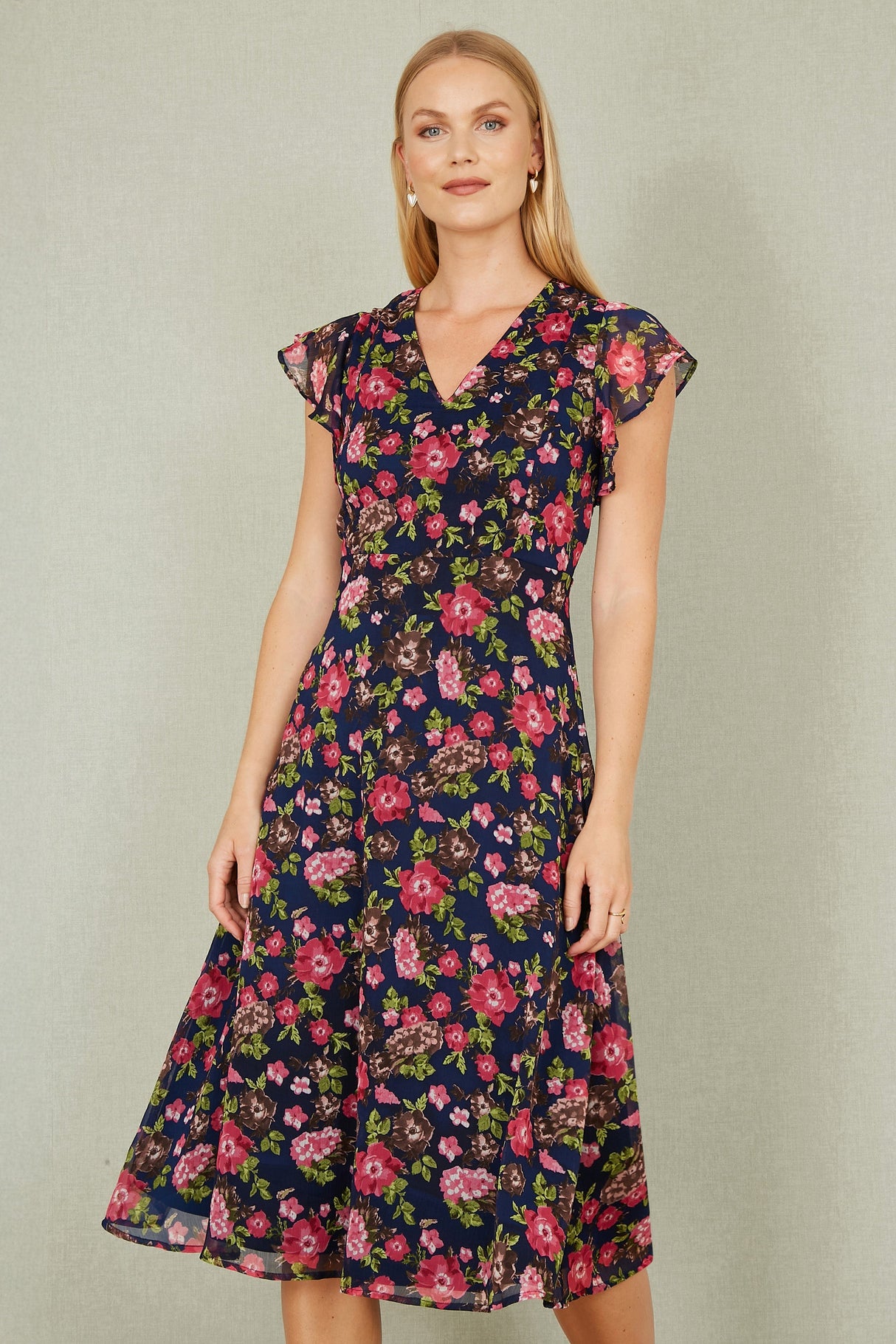 Yumi Navy Floral Midi Skater Dress