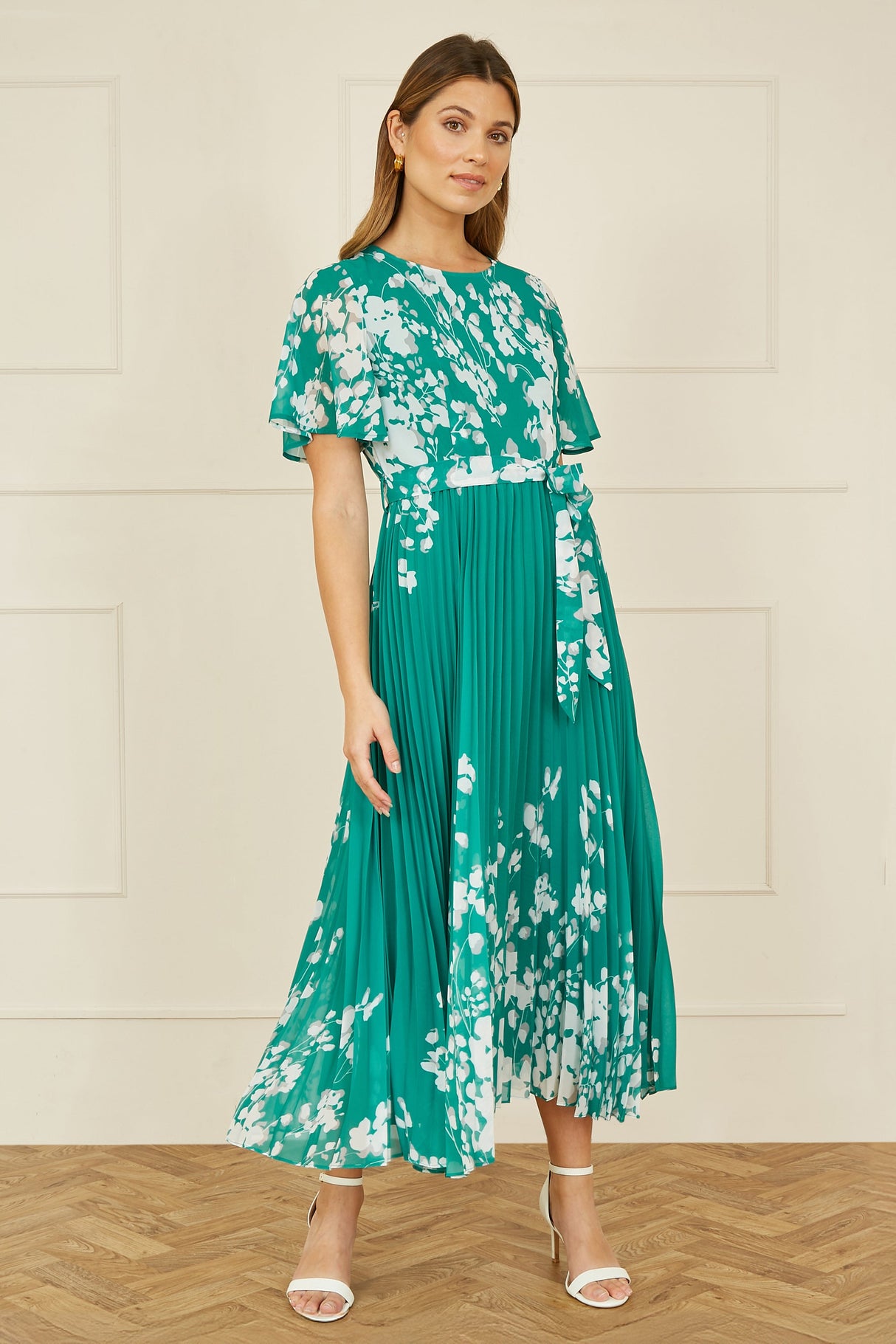 Yumi Green Mirror Floral Design Pleated Midi Dress