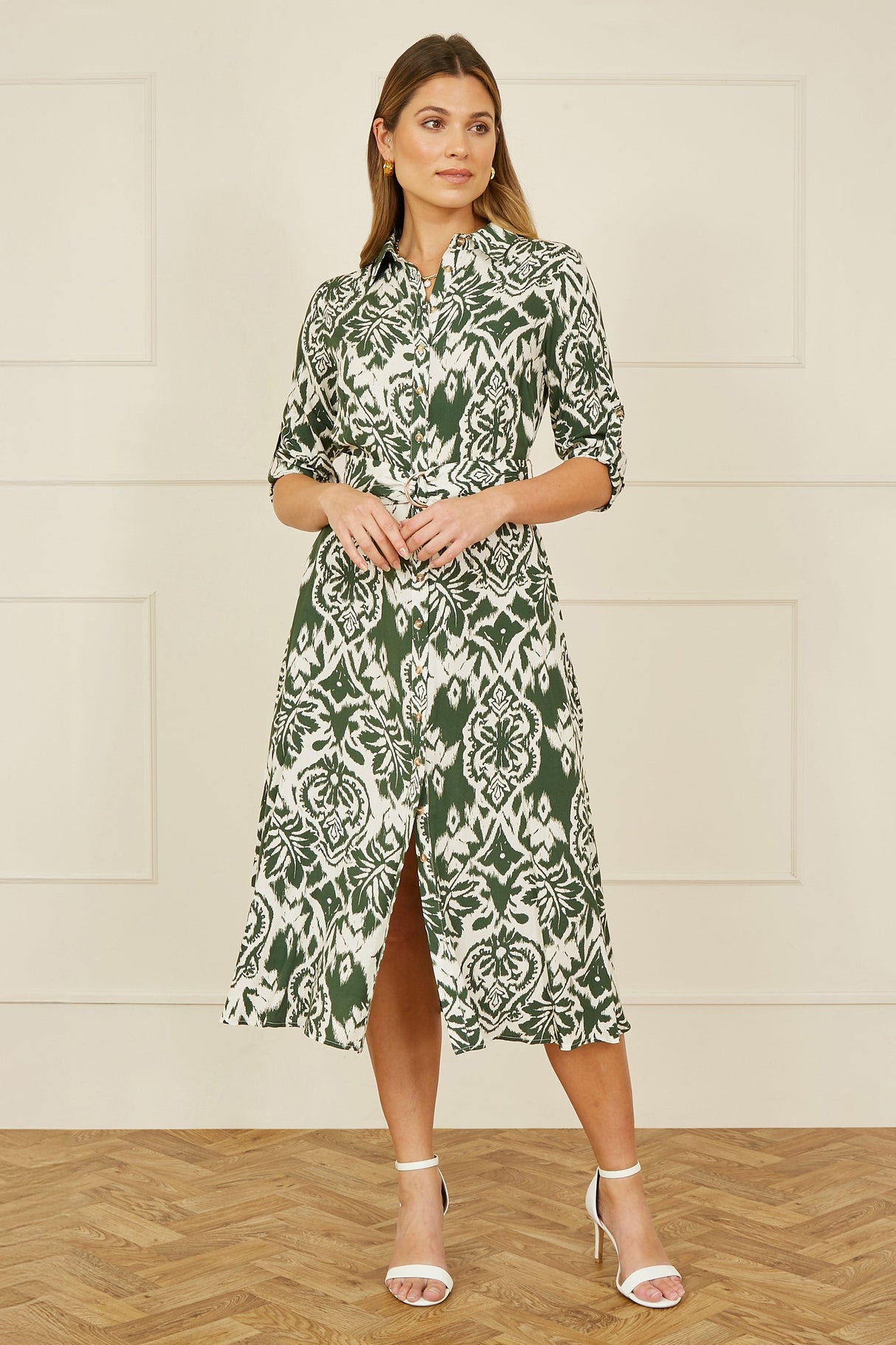 Yumi Green Ikat Geo Print Midi Shirt Dress