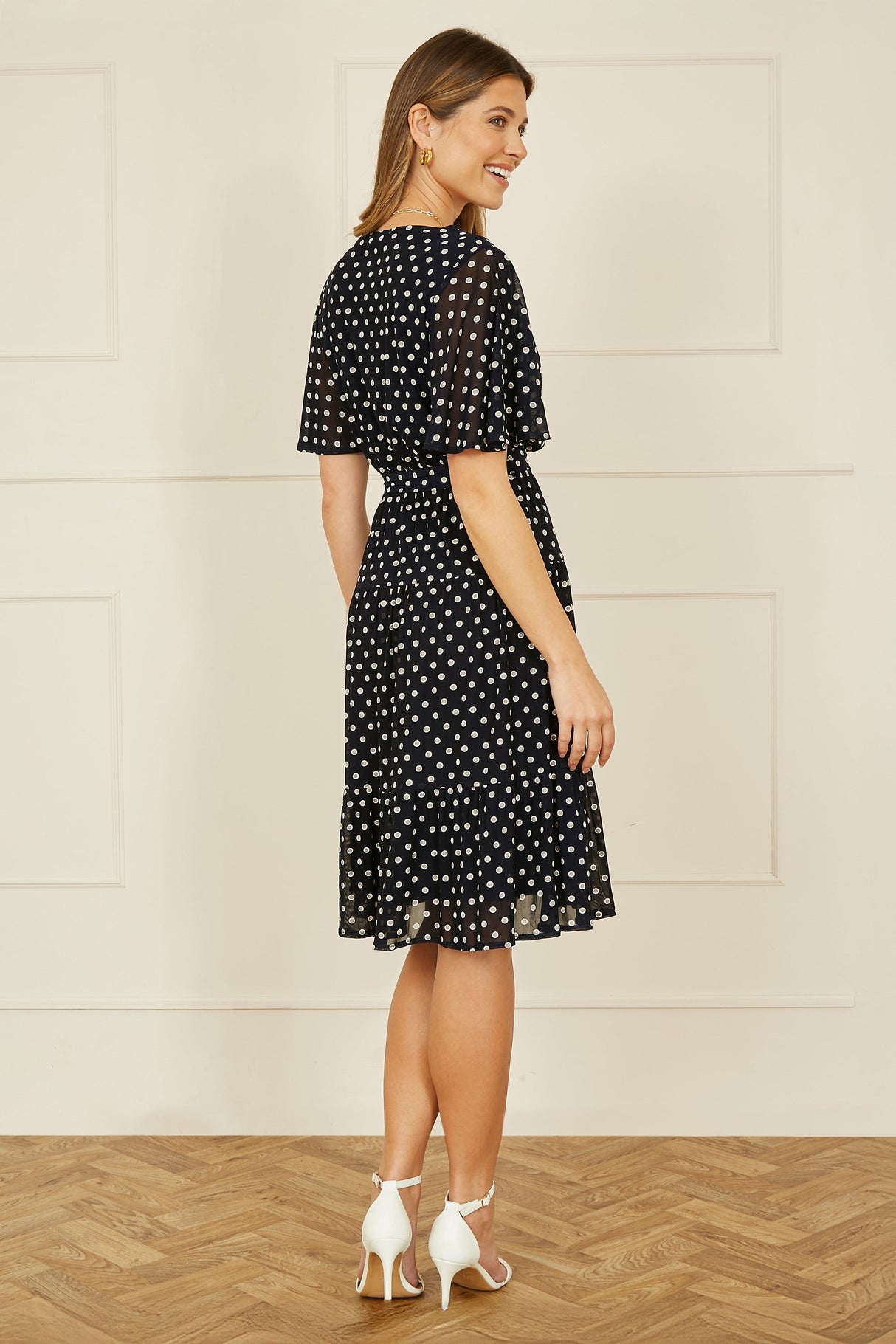 Yumi Navy Dot Print Mesh Stretch Midi Skater Dress