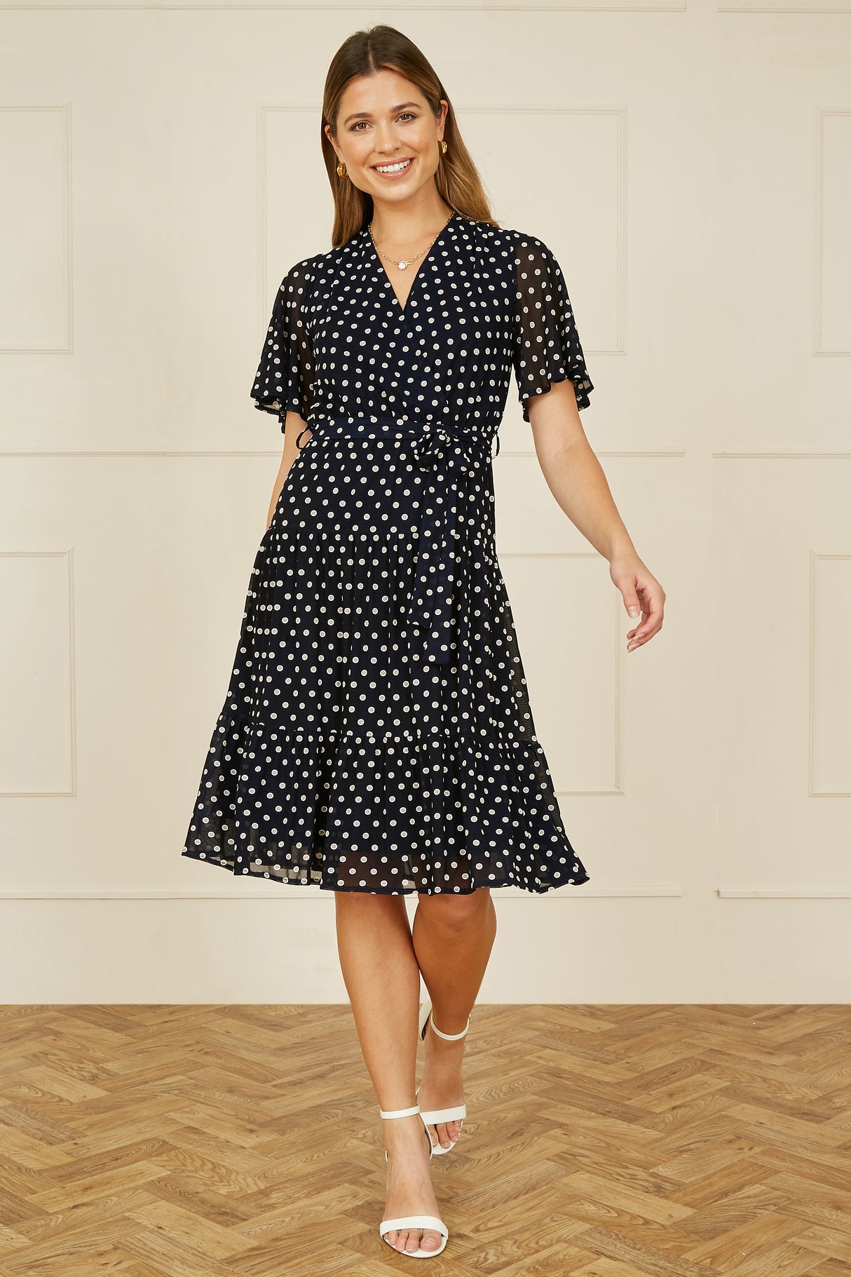 Yumi Navy Dot Print Mesh Stretch Midi Skater Dress